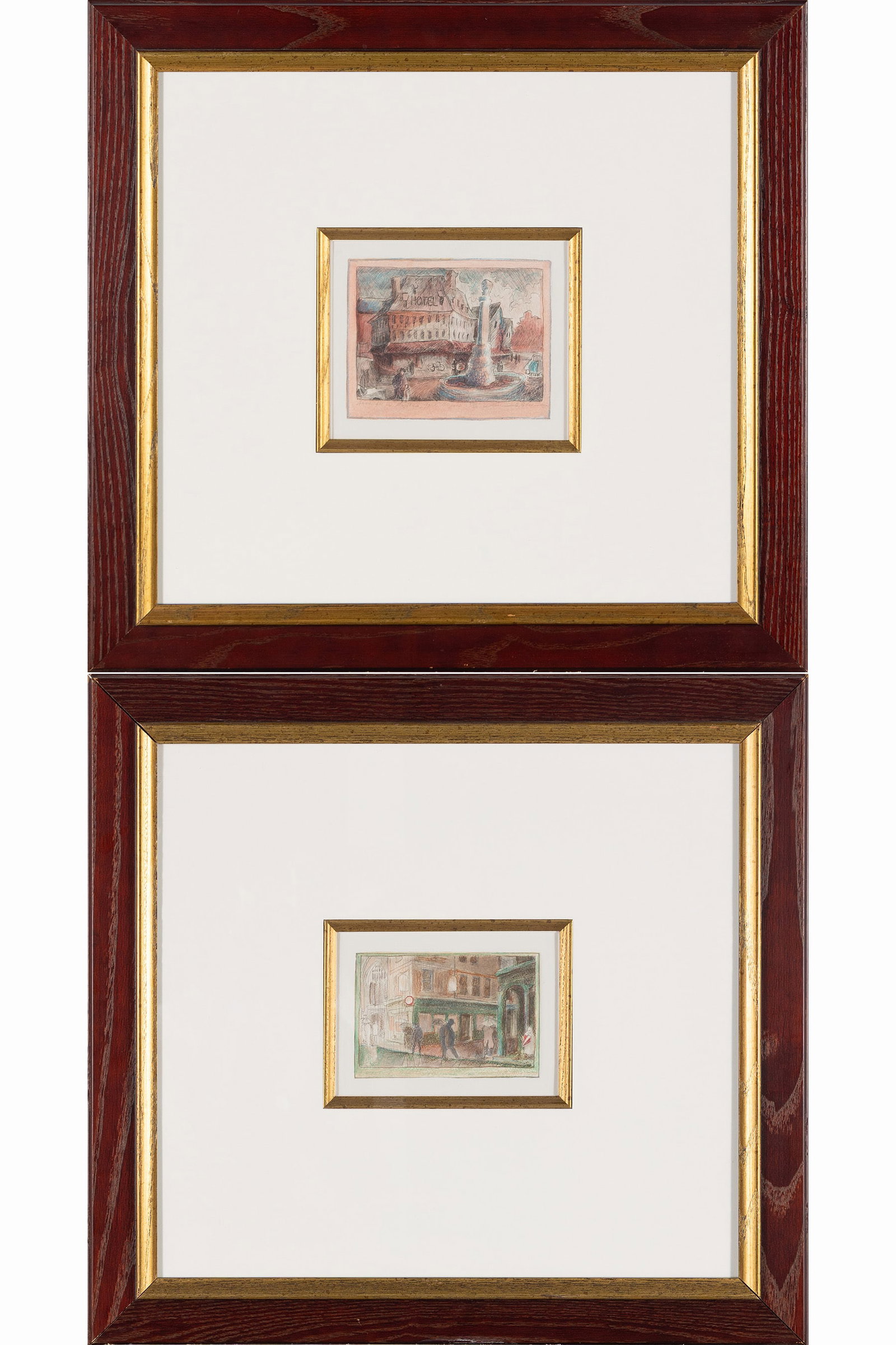 TWO LONDON ETCHINGS: TWO LONDON ETCHINGS Two (2) English city scenes, each signed numbered indistinctly along lower edge. One (1) titled indistinctly and the other titled 'American in York, England'. Both matted and