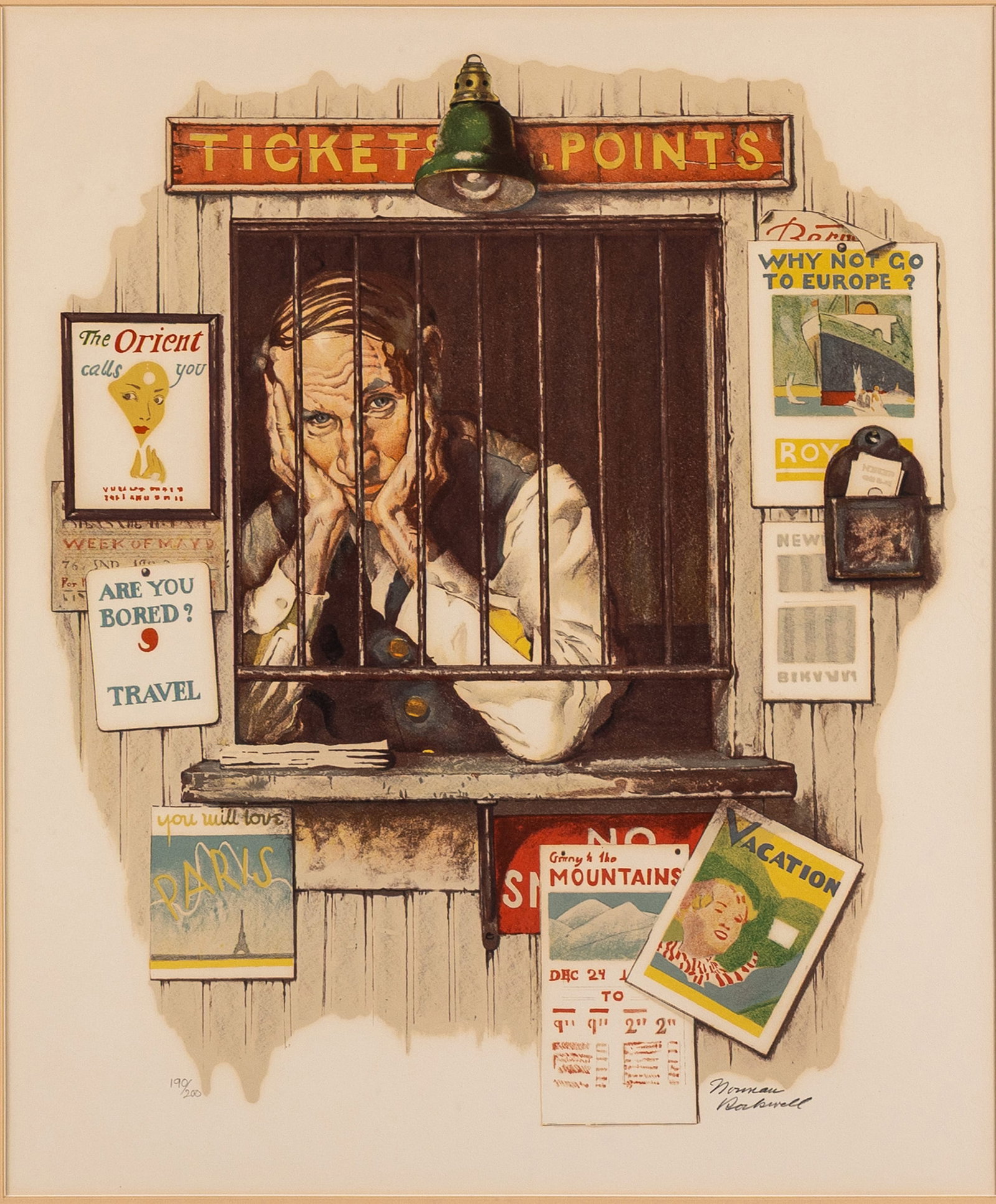 NORMAN ROCKWELL (AMERICAN, 1894-1978): Norman Rockwell American, 1894-1978 Ticket Seller Color lithograph Signed lower right and numbered 190/200 lower left. Ticket seller at his window, matted and framed. 24 x 20 in. (61 x 50.8 cm.),