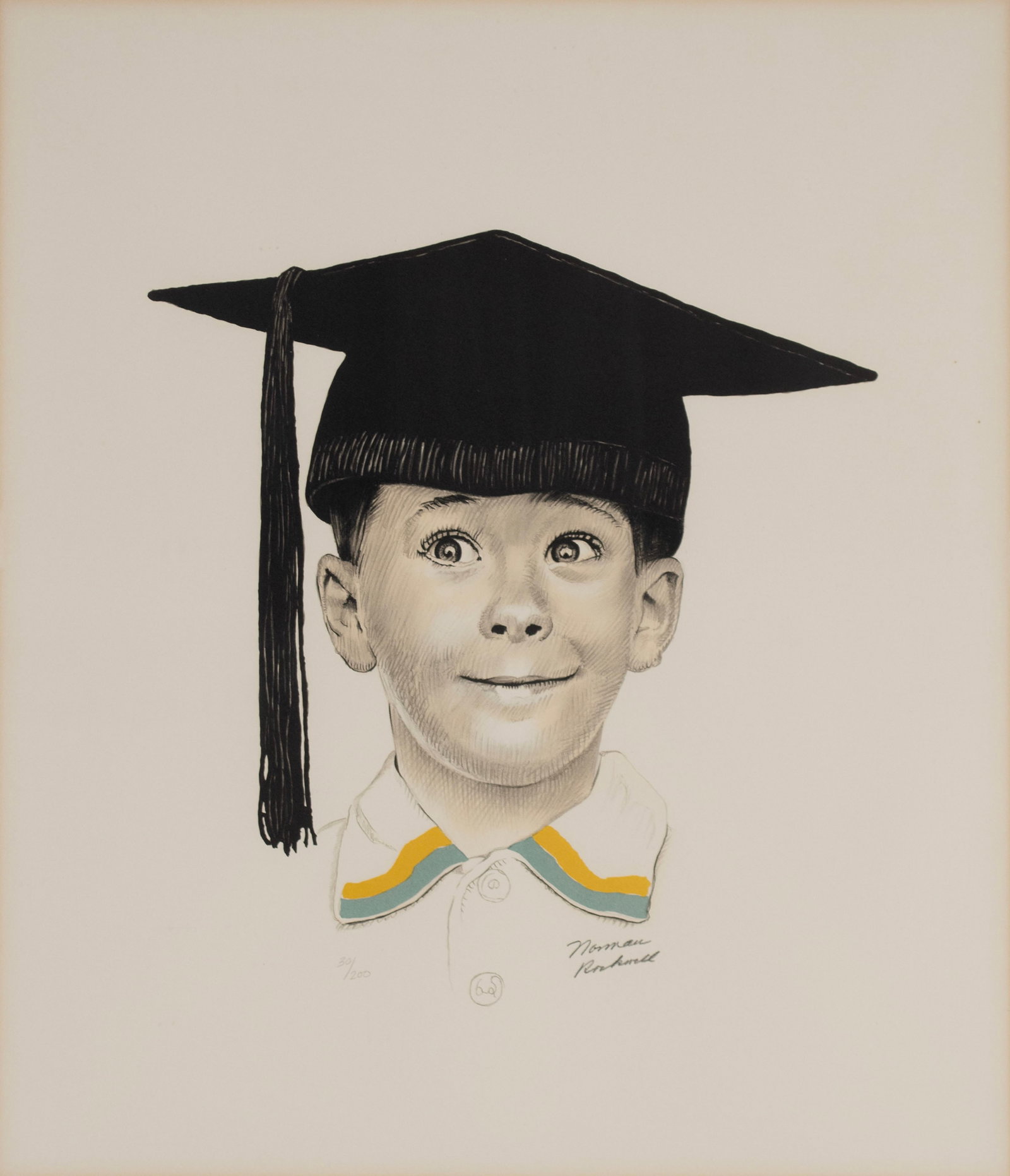 NORMAN ROCKWELL (AMERICAN, 1894-1978): Norman Rockwell American, 1894-1978 The Big Day Color lithograph Signed lower right and numbered 30/200 lower left. Young boy in a graduation cap, matted and framed. 25 x 21 in. (63.5 x 53.3 cm.),