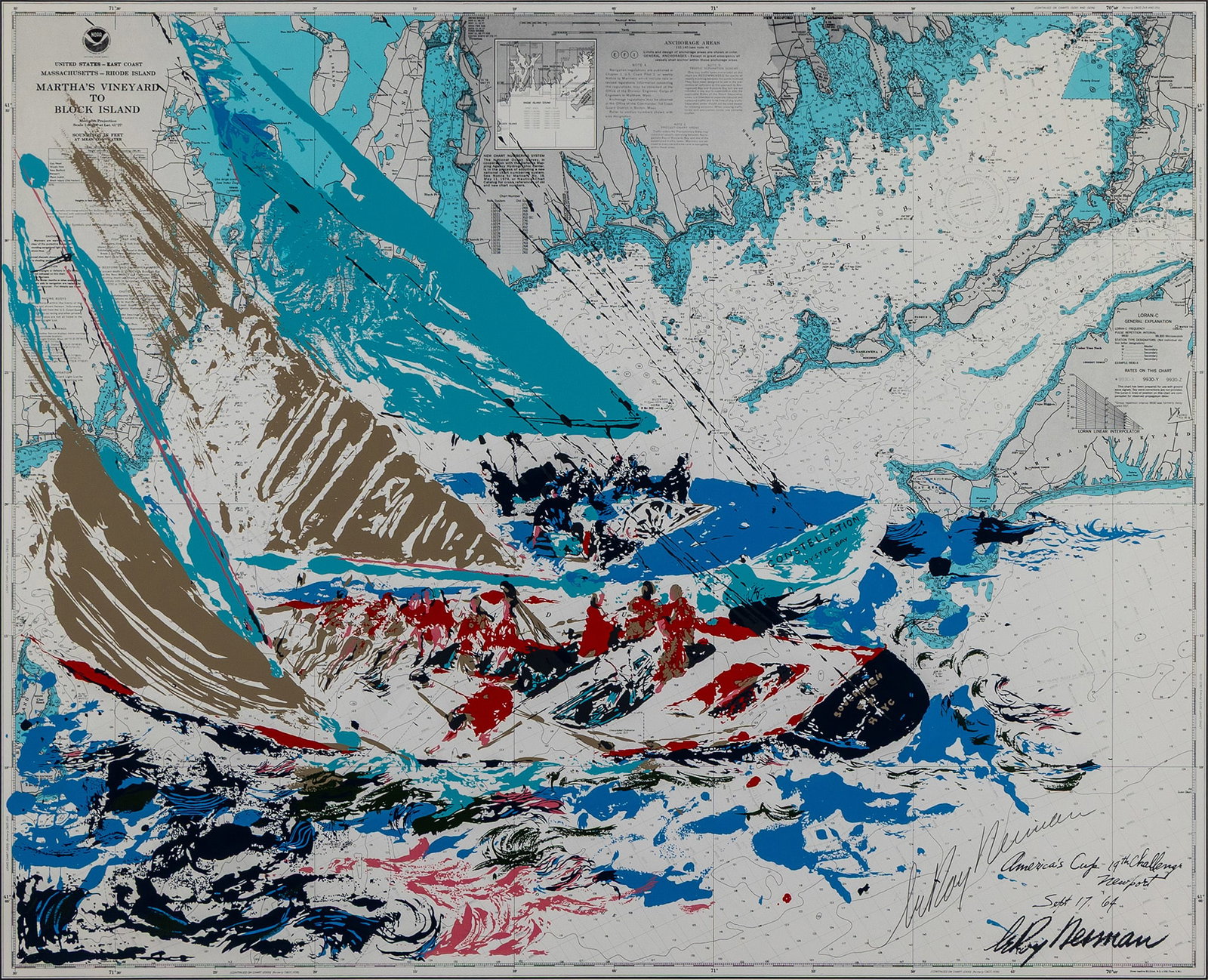 LEROY NEIMAN (AMERICAN, 1921-2012): Leroy Neiman American, 1921-2012 Americas Cup, 19th Challenge, 1964 Screenprint over lithograph map Signed in pencil lower right, also signed and titled in plate. Two sailboats racing over a nautical