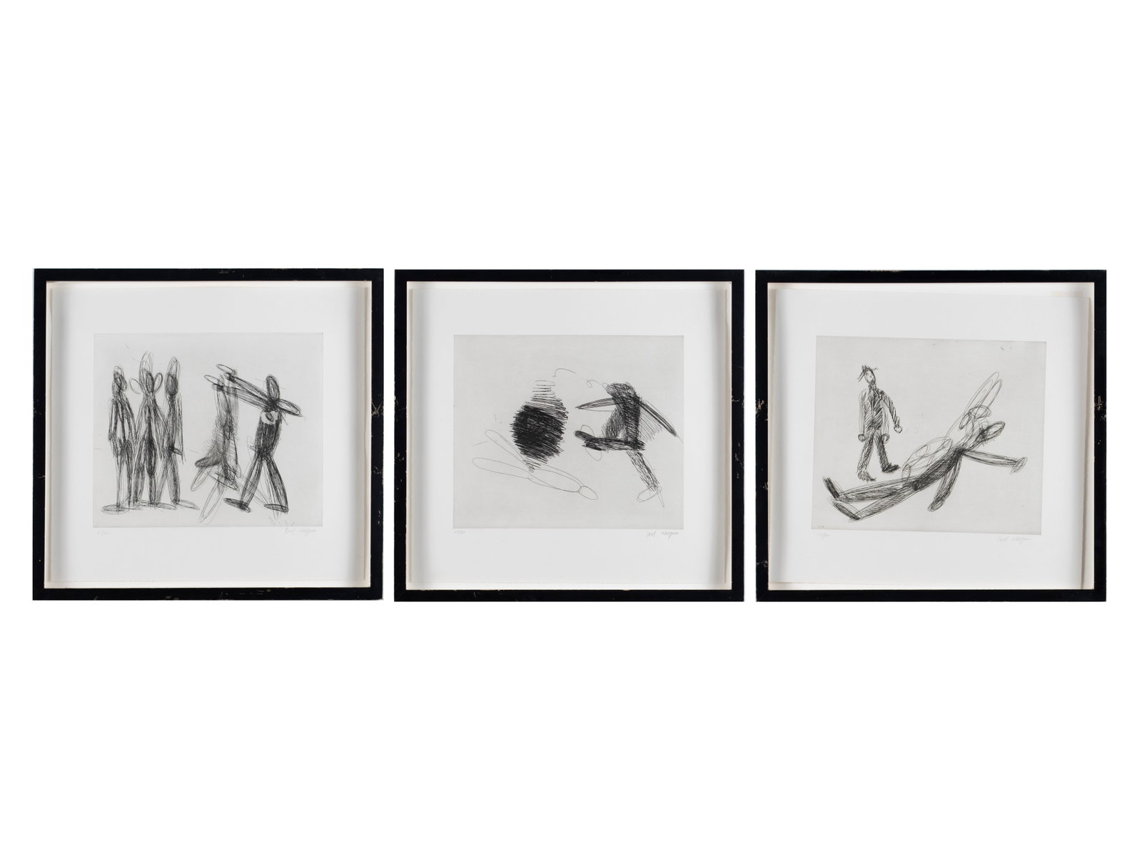 JOEL SHAPIRO (AMERICAN, 1941-2025): Joel Shapiro American, 1941-2025 Three Works, from the Series Untitled A through R Etching and drypoint Each signed and numbered 27/30, 1994, published 1995. Three (3) scenes with sketched figures,