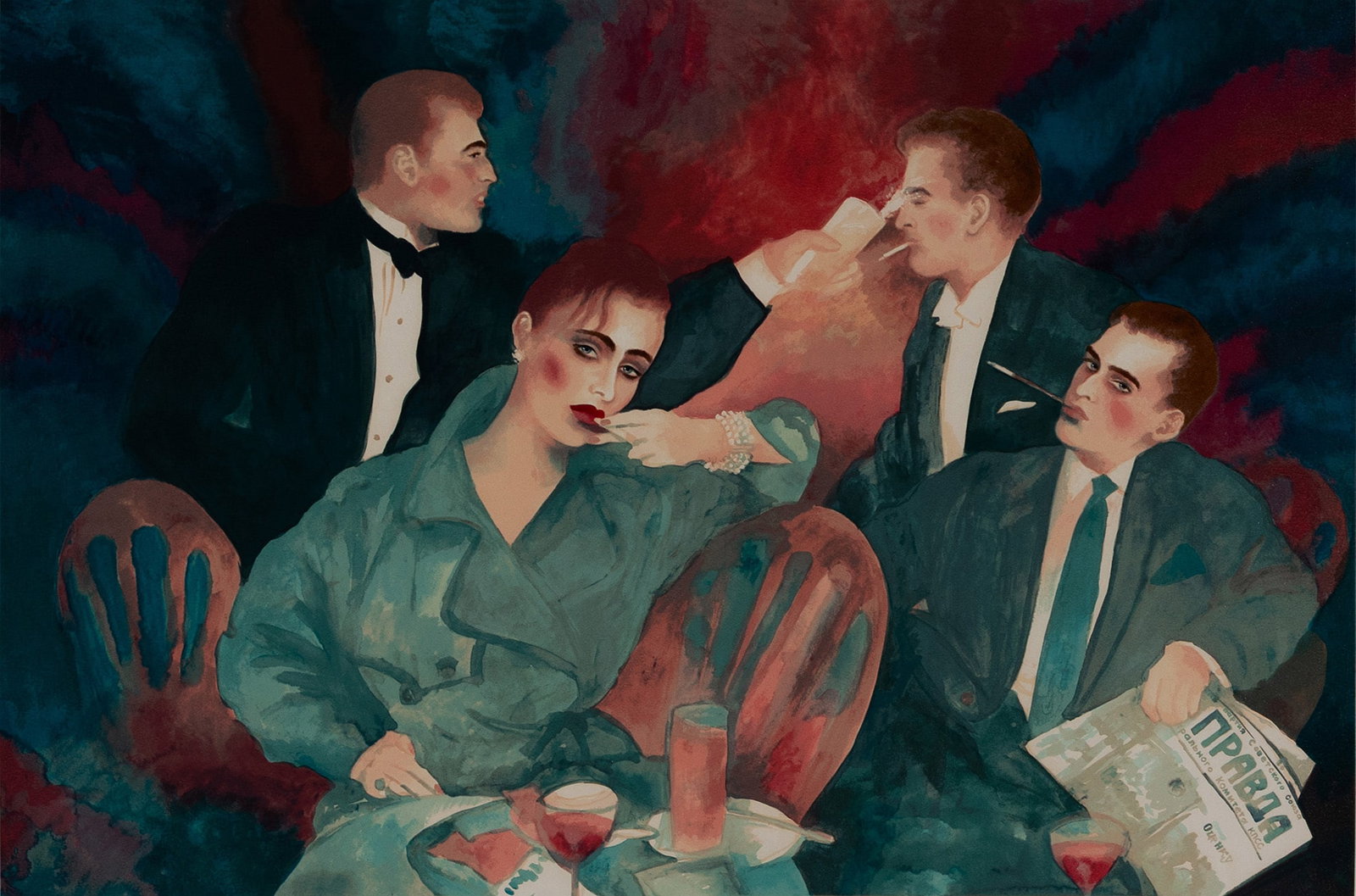 JOANNA ZJAWINSKA (POLISH, B. 1950): Joanna Zjawinska Polish, b. 1950 Did I Watch Too Much T.V.? Serigraph Signed in pencil lower right and numbered 198/275 lower left. Cafe scene with four figures, matted and framed. Image: 23 3/4 x 36