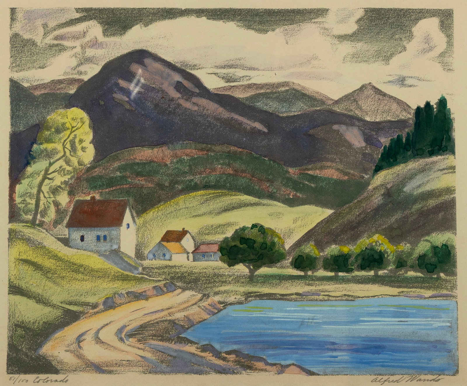 ALFRED WANDS (AMERICAN, 1904-1998): Alfred Wands American, 1904-1998 Colorado Color woodcut Signed, titled, and numbered 51/100 to lower margin. Mountain landscape with several buildings and a lake, matted and framed. Sight: 9 1/2 x 11