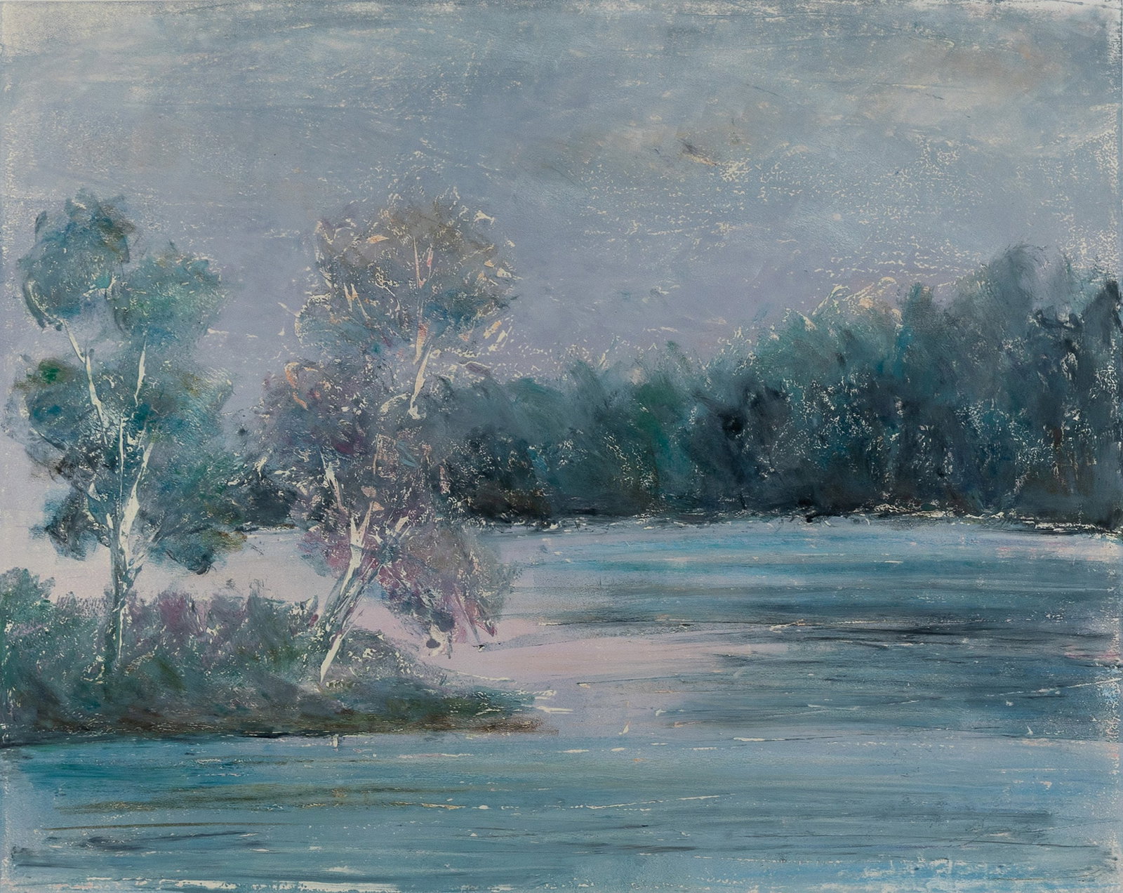 SHARI OSTI (AMERICAN, 20TH C.): Shari Osti American, 20th c. Lake Placid III Monoprint Signed and dated 89 lower right in pencil, titled lower center. Lake landscape, matted and framed. 25 x 31 in. (63.5 x 78.7 cm.), Frame: 36 x 43