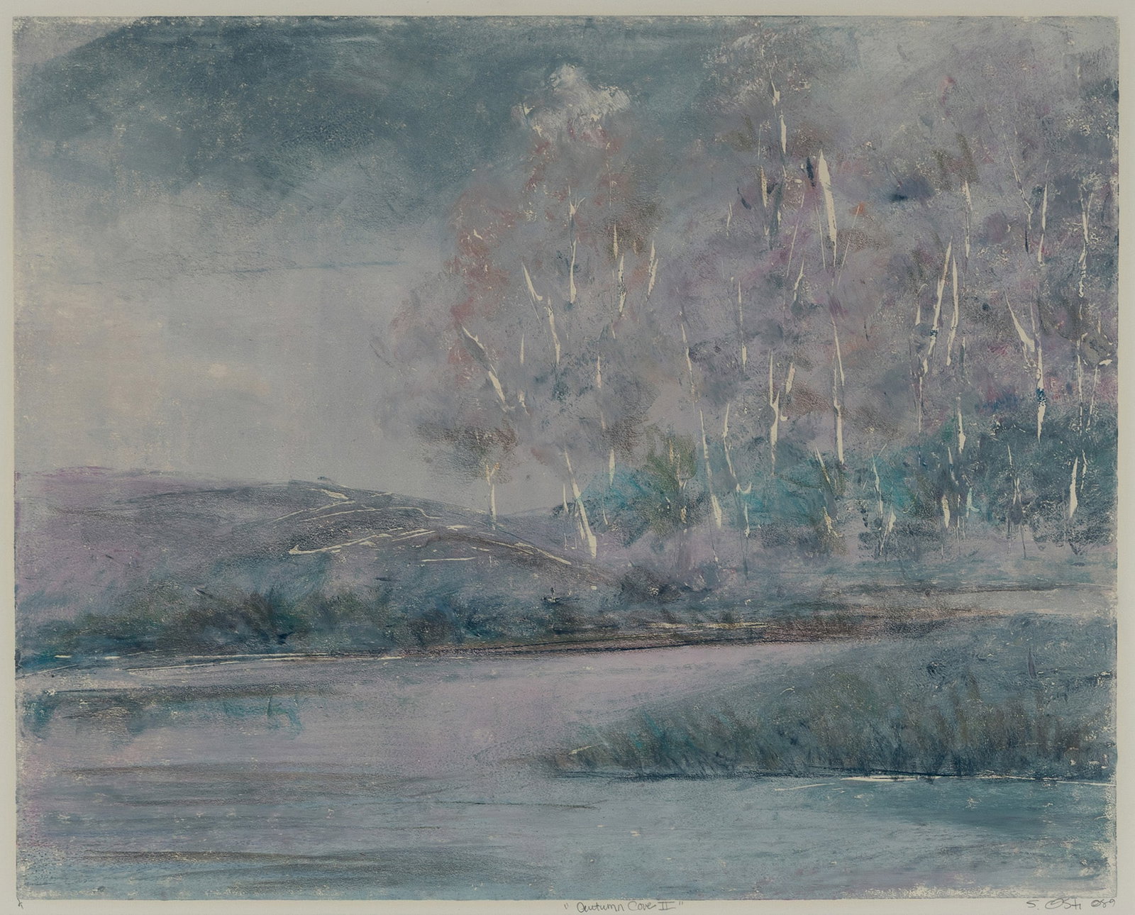SHARI OSTI (AMERICAN, 20TH C.): Shari Osti American, 20th c. Autumn Cove II Monoprint Signed and dated '89 lower right, titled lower center. Lake landscape, matted and framed. Image: 23 1/2 x 29 1/2 in. (59.7 x 74.9 cm.), Frame: 37