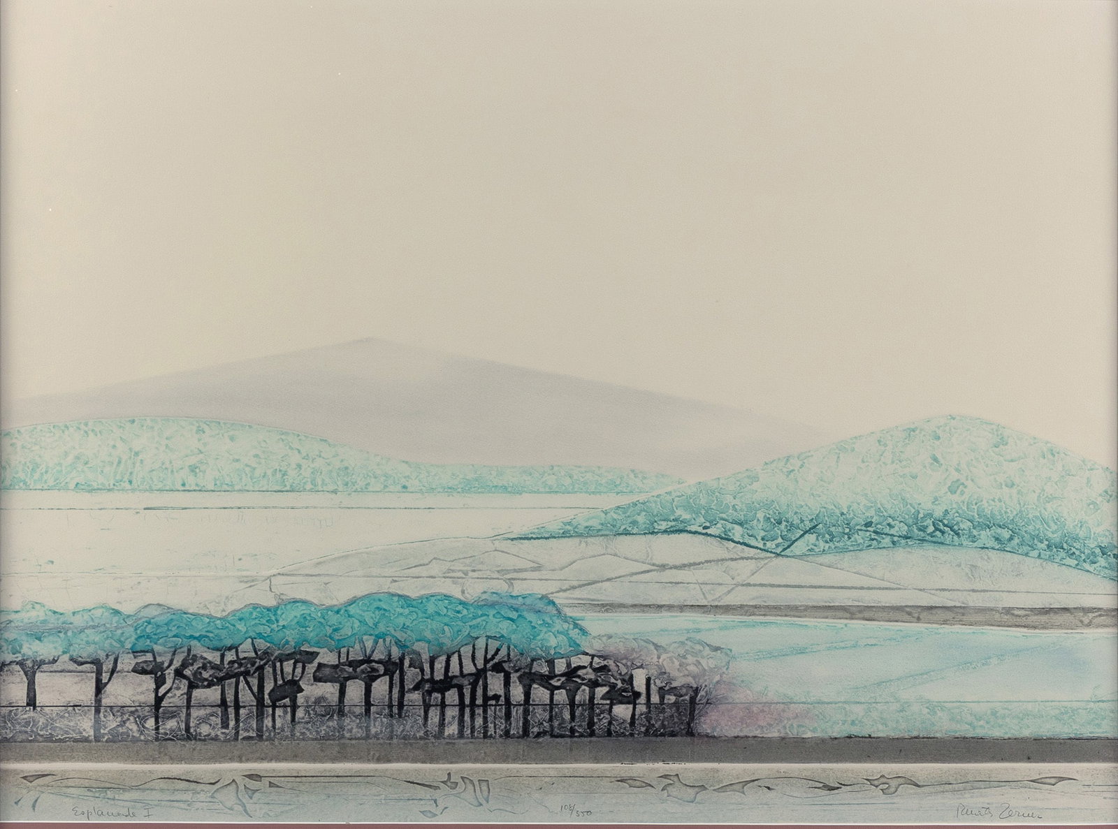 RENATA ZERNER (GERMAN, B. 1951): Renata Zerner German, b. 1951 Esplanade I Etching Signed in pencil lower right, titled lower left and numbered 108/350 center. Landscape with mountain the distance, matted and framed. 26 x 34 in. (66