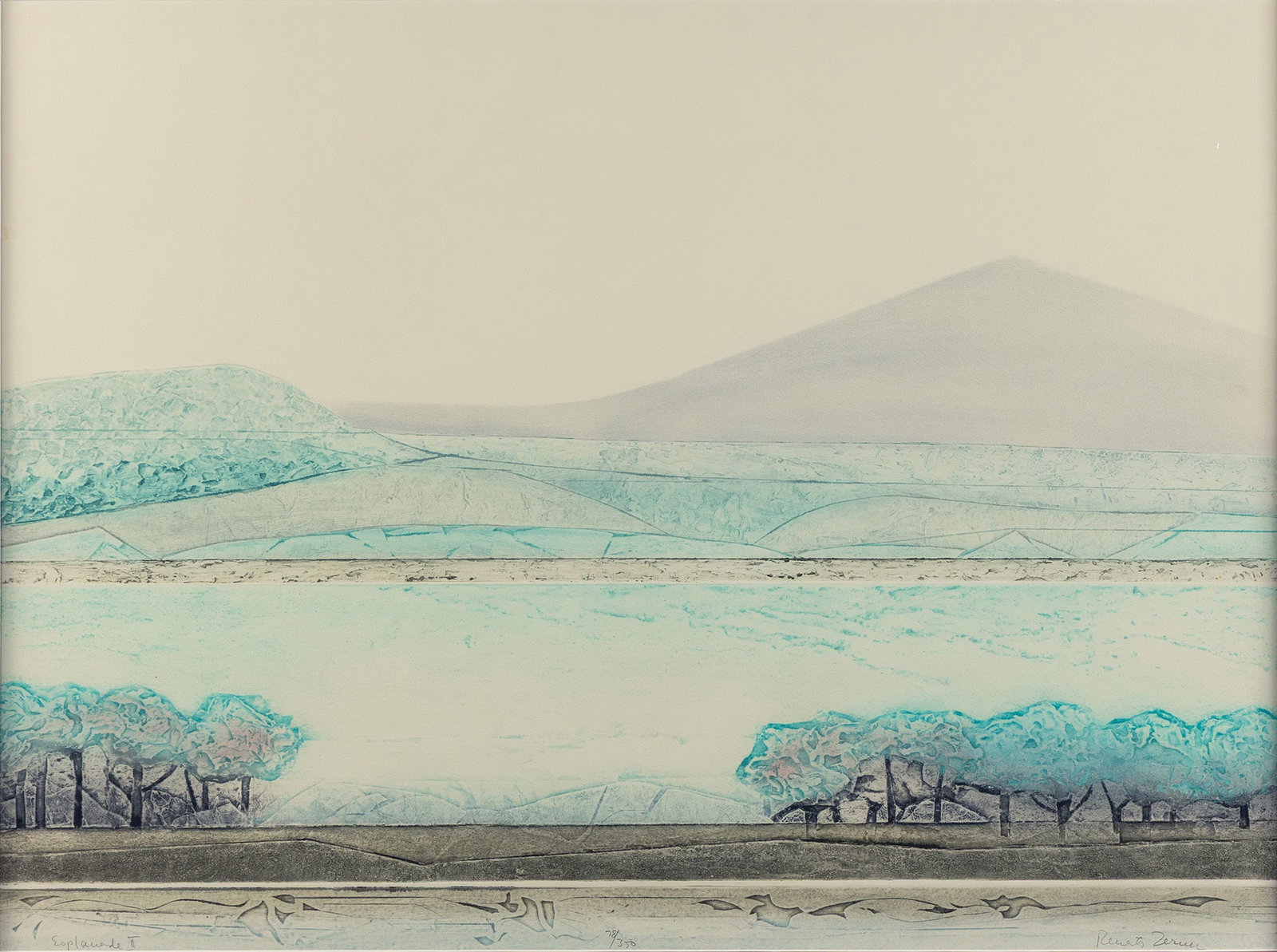 RENATA ZERNER (GERMAN, B. 1951): Renata Zerner German, b. 1951 Esplanade II Etching Signed in pencil lower right, titled lower left and numbered 78/350 center. Landscape with mountain in distance, matted and framed. 26 x 30 in. (66