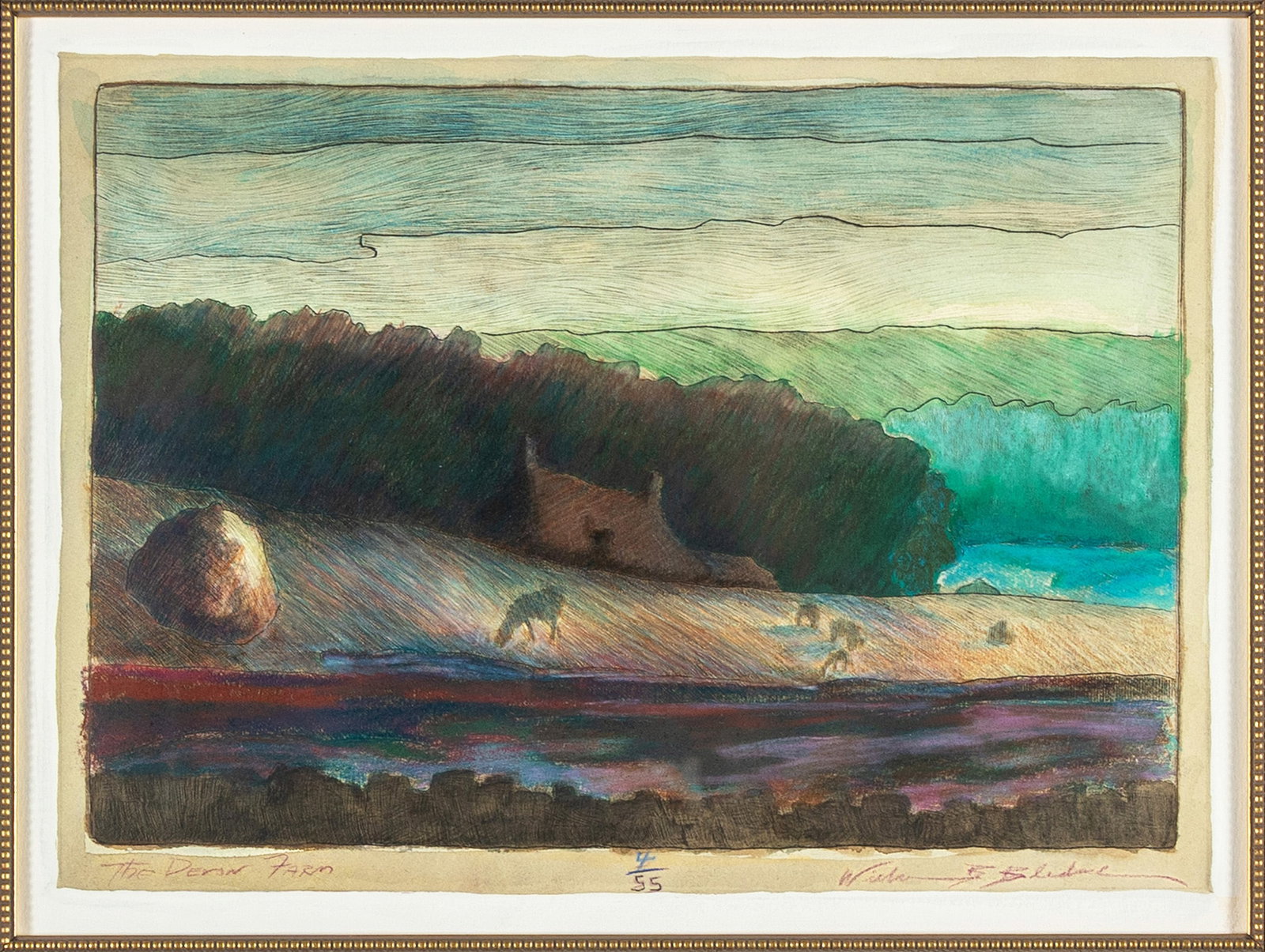 'THE DERAN FARM' COLOR ETCHING: 'THE DERAN FARM' COLOR ETCHING Signed lower right, titled lower left and numbered 4/55 lower center. Landscape farm etching with animals in a field, matted and framed. 10 x 14 in. (25.4 x 35.6 cm.),
