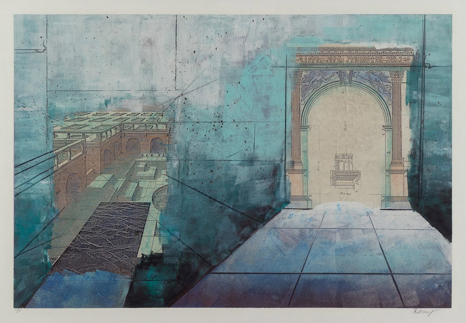 KAMY DELJOU (IRANIAN, B. 1957): Kamy Deljou Iranian, b. 1957 Mixed media Signed lower right and numbered 1/1 lower left. Abstract composition with architectural renderings, matted and framed. 18 x 26 1/2 in. (45.7 x 67.3 cm.),