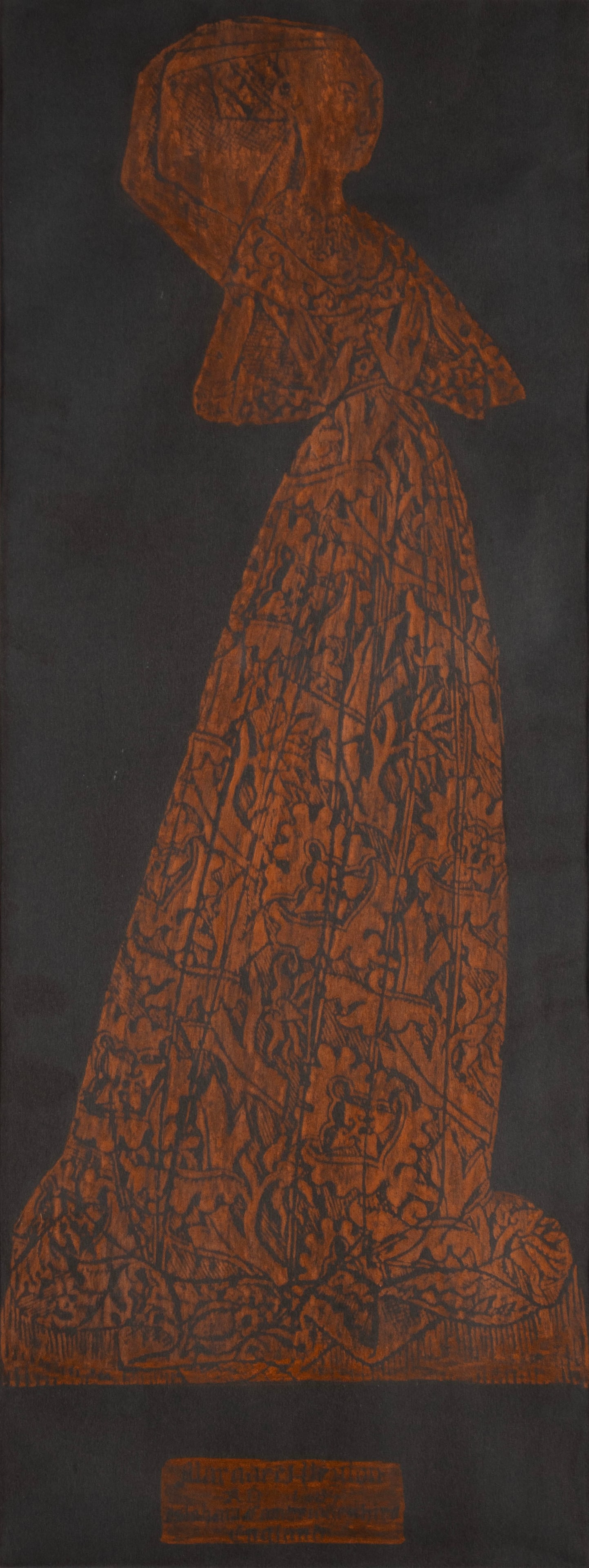 LADY MARGARET PEYTON BRASS GRAVE RUBBING: LADY MARGARET PEYTON BRASS GRAVE RUBBING 20th century. Portrait rubbing of Lady Margaret Peyton, the 'Lace Lady', matted and framed. 19 x 7 in. (48.3 x 17.8 cm.), Frame: 25 x 12 in. (63.5 x 30.5 cm.)