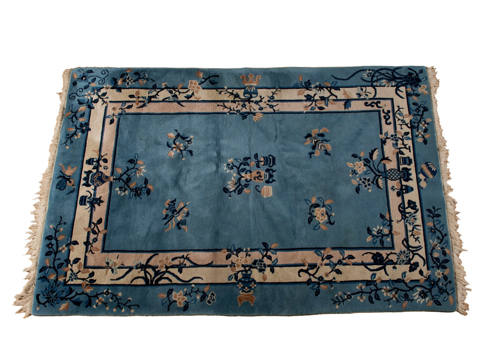 CHINESE ART DECO AREA RUG: CHINESE ART DECO AREA RUG Chinese, second quarter 20th century. Blue field decorated with floral bouquets, twin beige borders. 4 ft. 1 in. X 6 ft. 1 in.