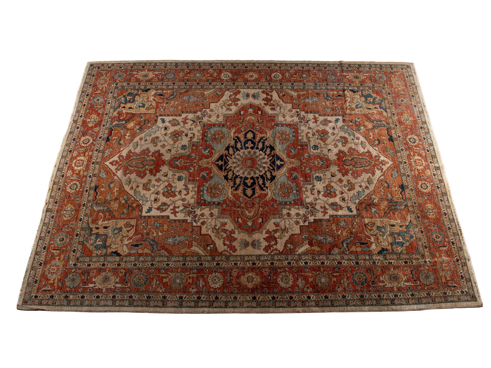 PAK HERIZ ROOM RUG: PAK HERIZ ROOM RUG Pakistani, 20th century. Soft red medallion on ivory on navy with light blue 'wings' all centering the soft red pole medallion to the floral decorated ivory field, on a soft red