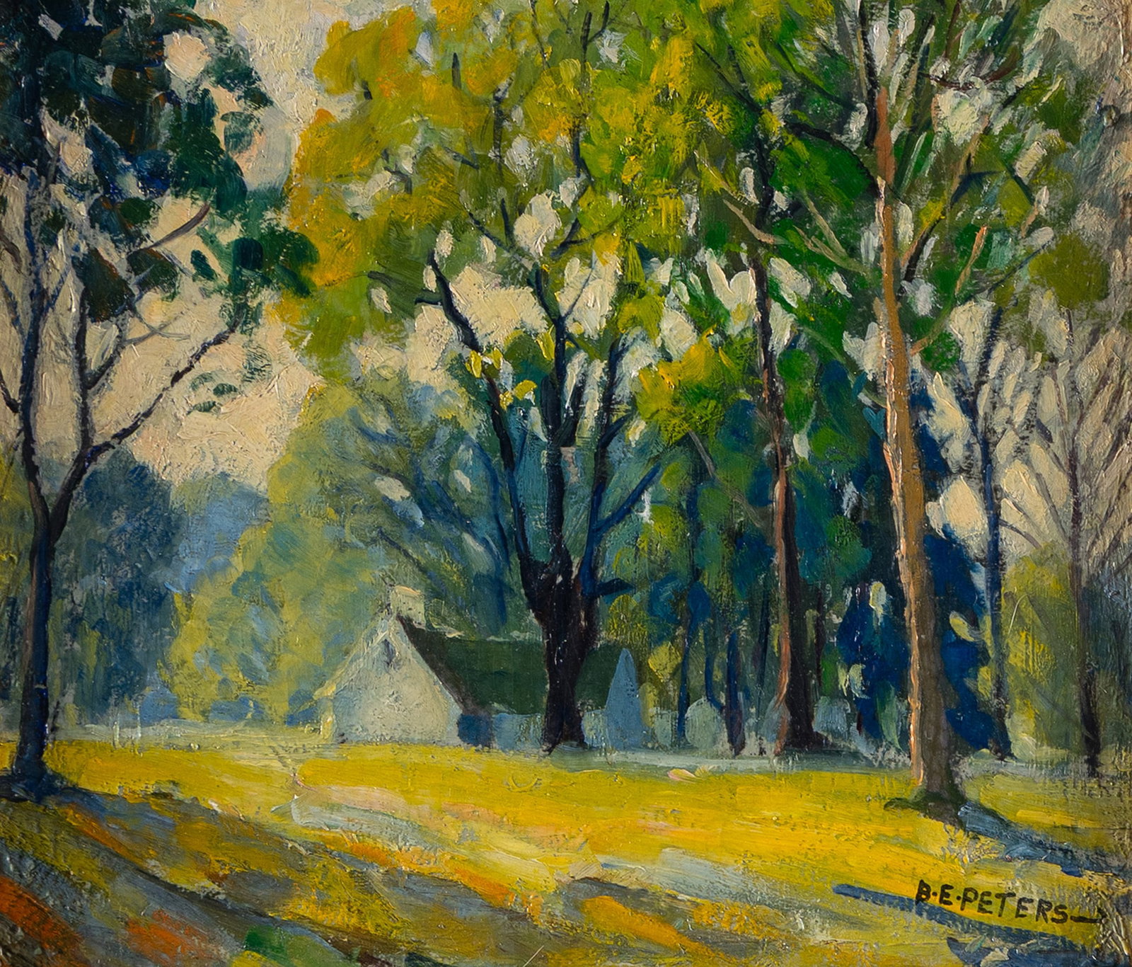 BERNARD PETERS (AMERICAN (MISSOURI), 1893-1949): Bernard Peters American (Missouri), 1893-1949 Oil on artist board Signed lower right. Summer wooded landscape, home near center, framed. Bernard Peters was born in 1893 in St. Louis, Missouri. He stud