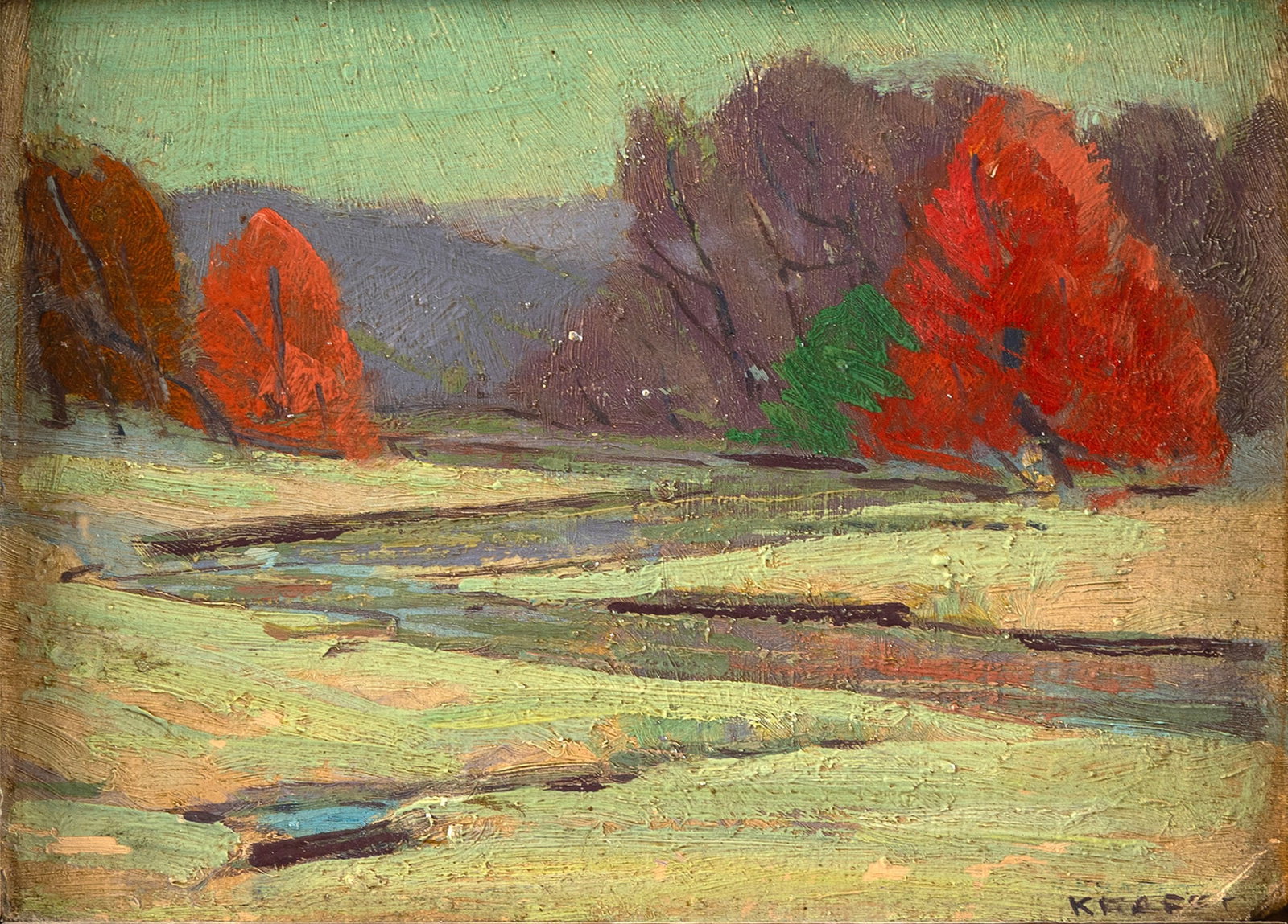 CARL R. KRAFFT (AMERICAN, 1884-1938): Carl R. Krafft American, 1884-1938 Autumn in the Ozarks Oil on artist board Double signed lower right. Fall landscape scene along a stream, framed Carl Krafft was born in Reading, Ohio, but had his st