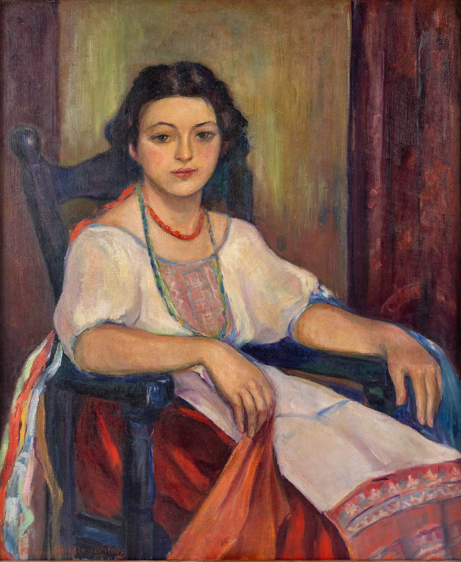 FLORENCE BIDDLE VER STEEG (AMERICAN (MISSOURI), 1871-1937): Florence Biddle Ver Steeg American (Missouri), 1871-1937 Red Scarf Oil on canvas Signed lower left. Portrait of a seated woman holding a red scarf, framed. 35 1/2 x 29 1/2 in. (90.2 x 74.9 cm.), Frame