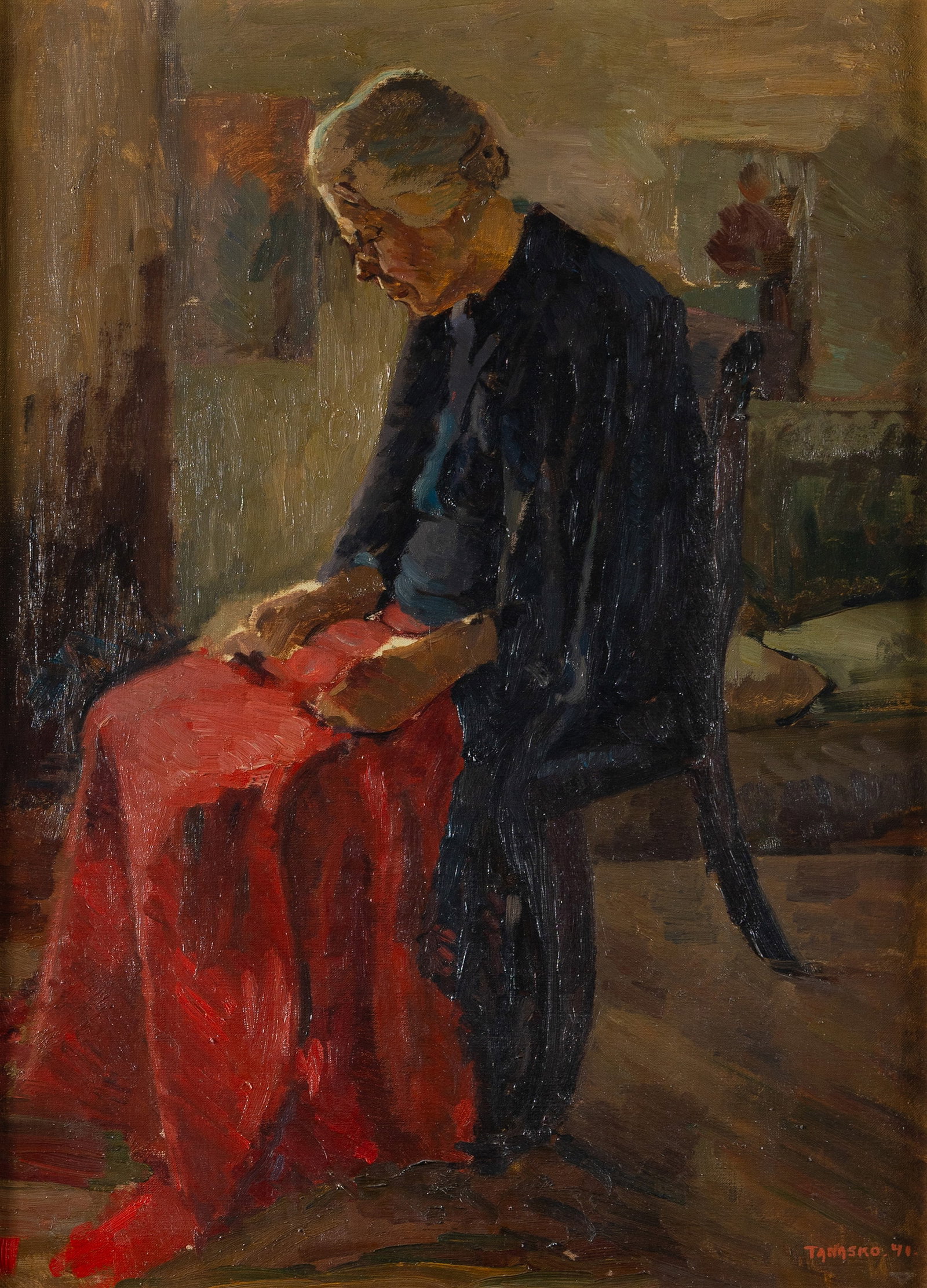 TANASKO MILOVICH (YOGOSLAVIA/AMERICAN (MISSOURI), 1900-1964): Tanasko Milovich Yogoslavia/American (Missouri), 1900-1964 Maggie Oil on canvas Signed and dated '41 lower right. Portrait of an elderly woman seated to center; a red cloth draped across her knees. Fr