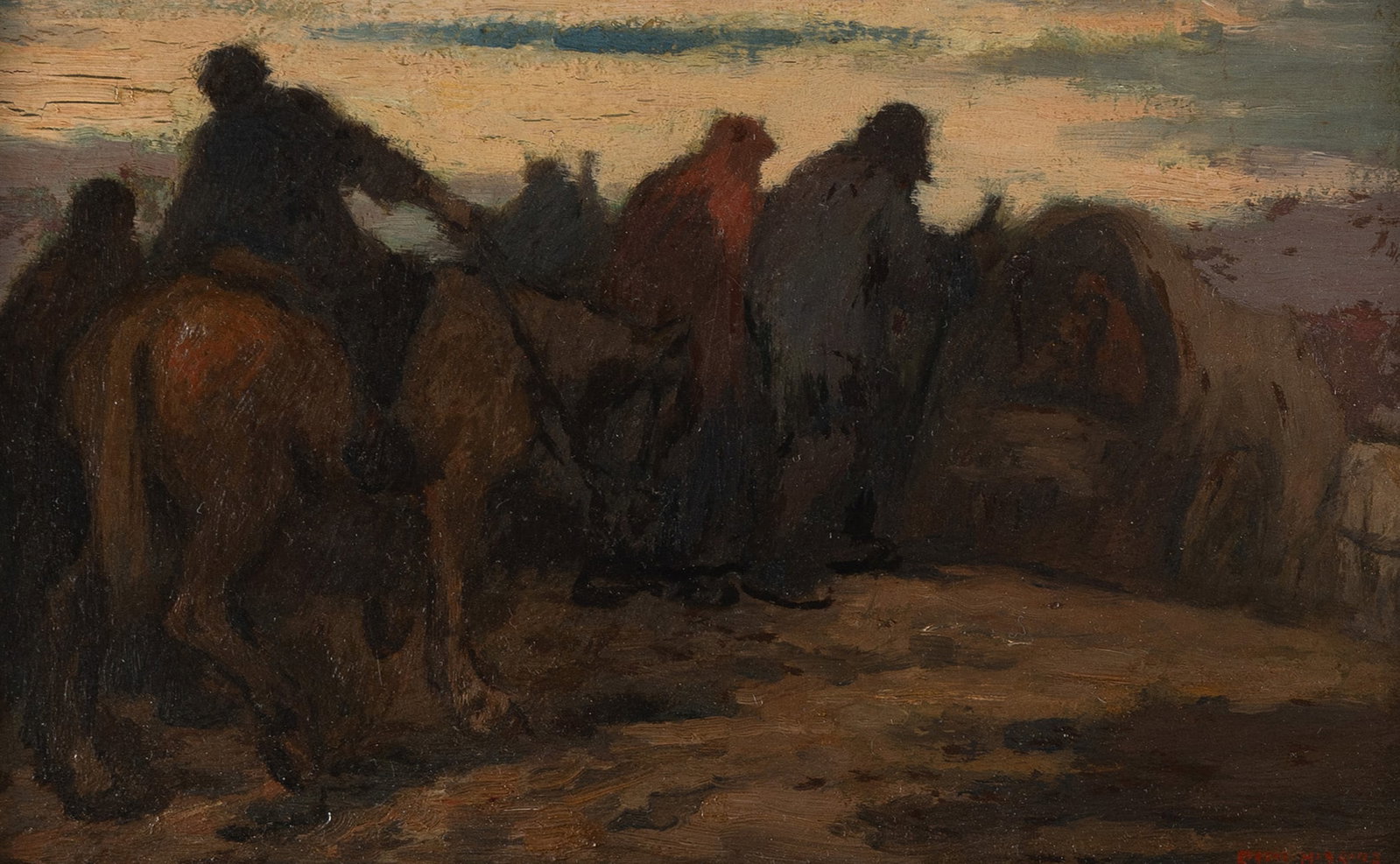 EUGENE HIGGINS (AMERICAN, 1874-1958): Eugene Higgins American, 1874-1958 On the Road Oil on board Signed lower right. Figures travel along a dirt road, a covered wagon ahead. Framed. Inscribed verso as purchased from the artist in 1914. S
