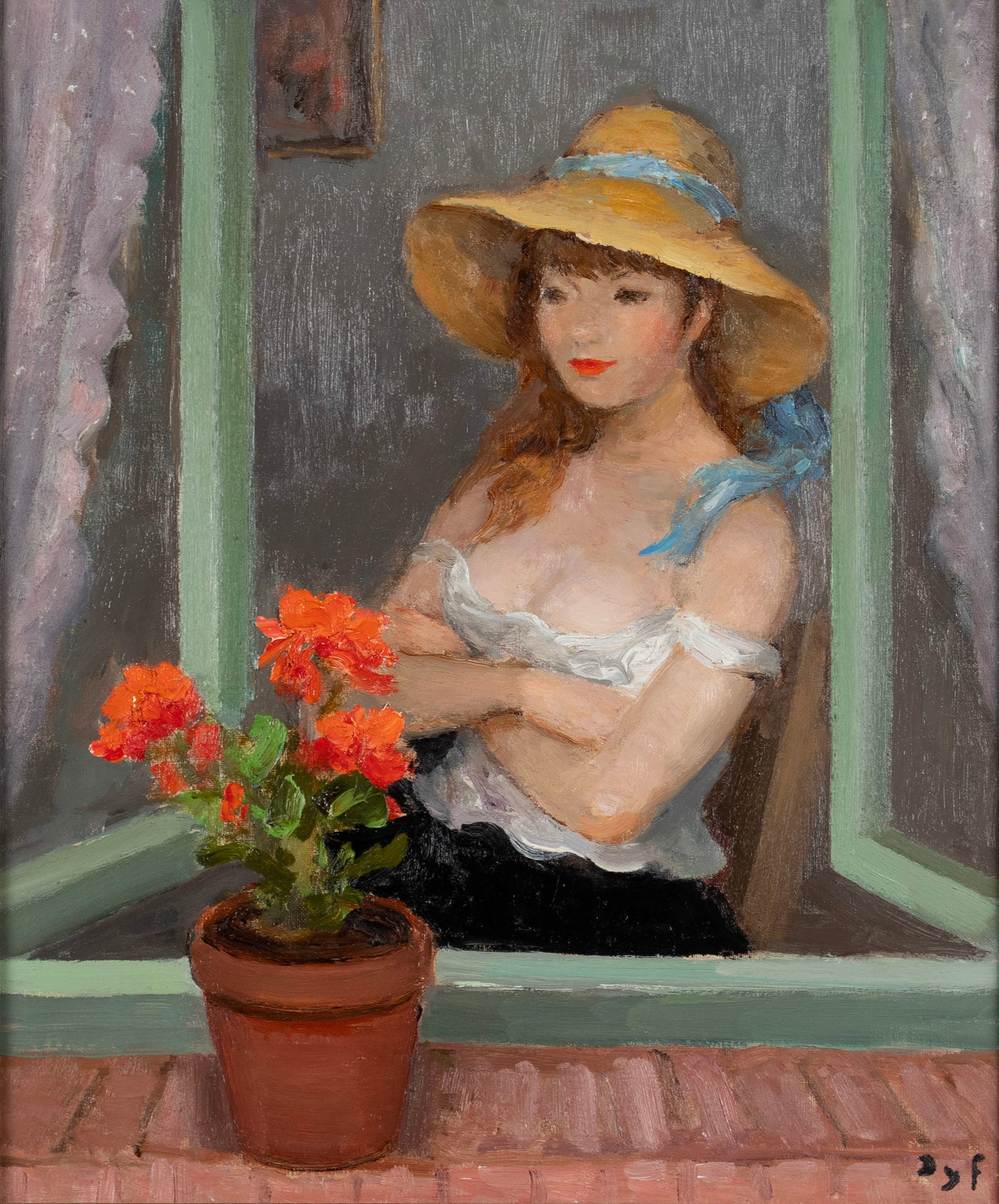 MARCEL DYF (FRENCH, 1899-1985): Marcel Dyf French, 1899-1985 Fille aux Geraniums Oil on canvas Signed lower right. Woman in a sun hat posing at a windowsill with a potted plant in the foreground, framed. Marcel Dyf copyright 1978 to