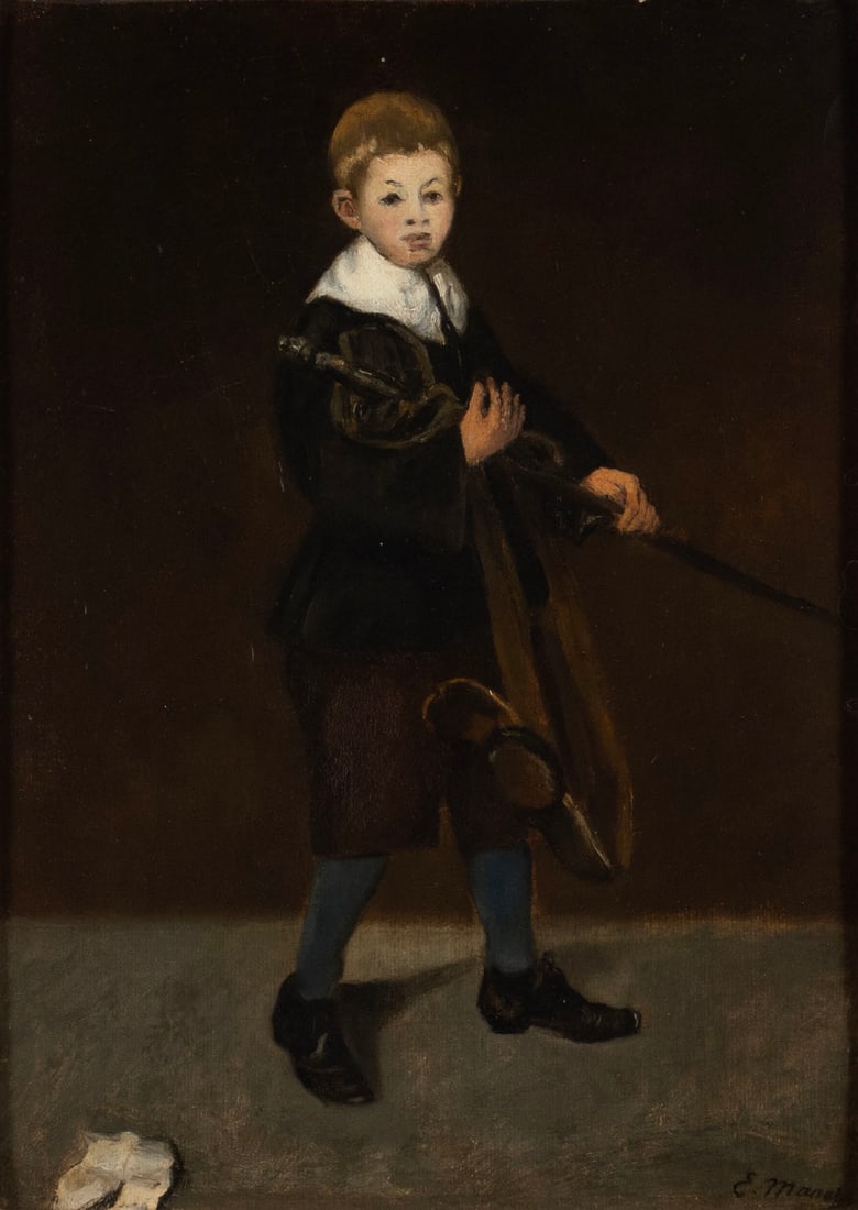 CIRCLE OF EDOUARD MANET (FRENCH 1832-1883) BOY WITH A SWORD: CIRCLE OF EDOUARD MANET (FRENCH 1832-1883) BOY WITH A SWORD French, late 19th century. Oil on board, portrait of a young boy in seventeenth-century costume carrying a sword. Several labels to verso in