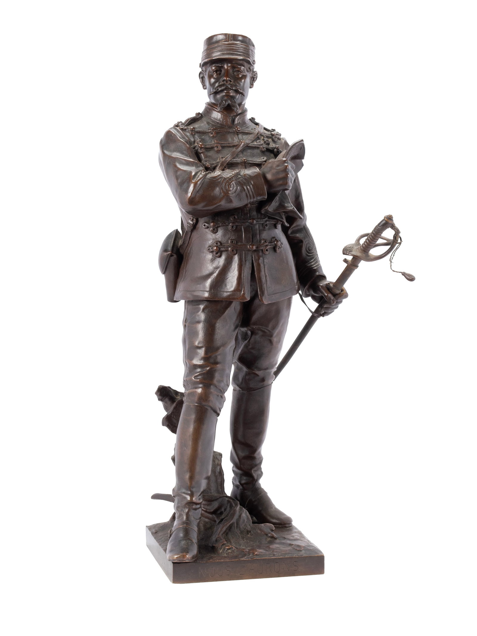 JEAN-LOUIS GREGOIRE (FRENCH, 1840-1890): Jean-Louis Gregoire French, 1840-1890 Nous L'Aurons Bronze Signed in script on top of base and titled on front. French soldier standing proudly holding a sword, on a square base. 25 x 7 x 10 in. (63.5