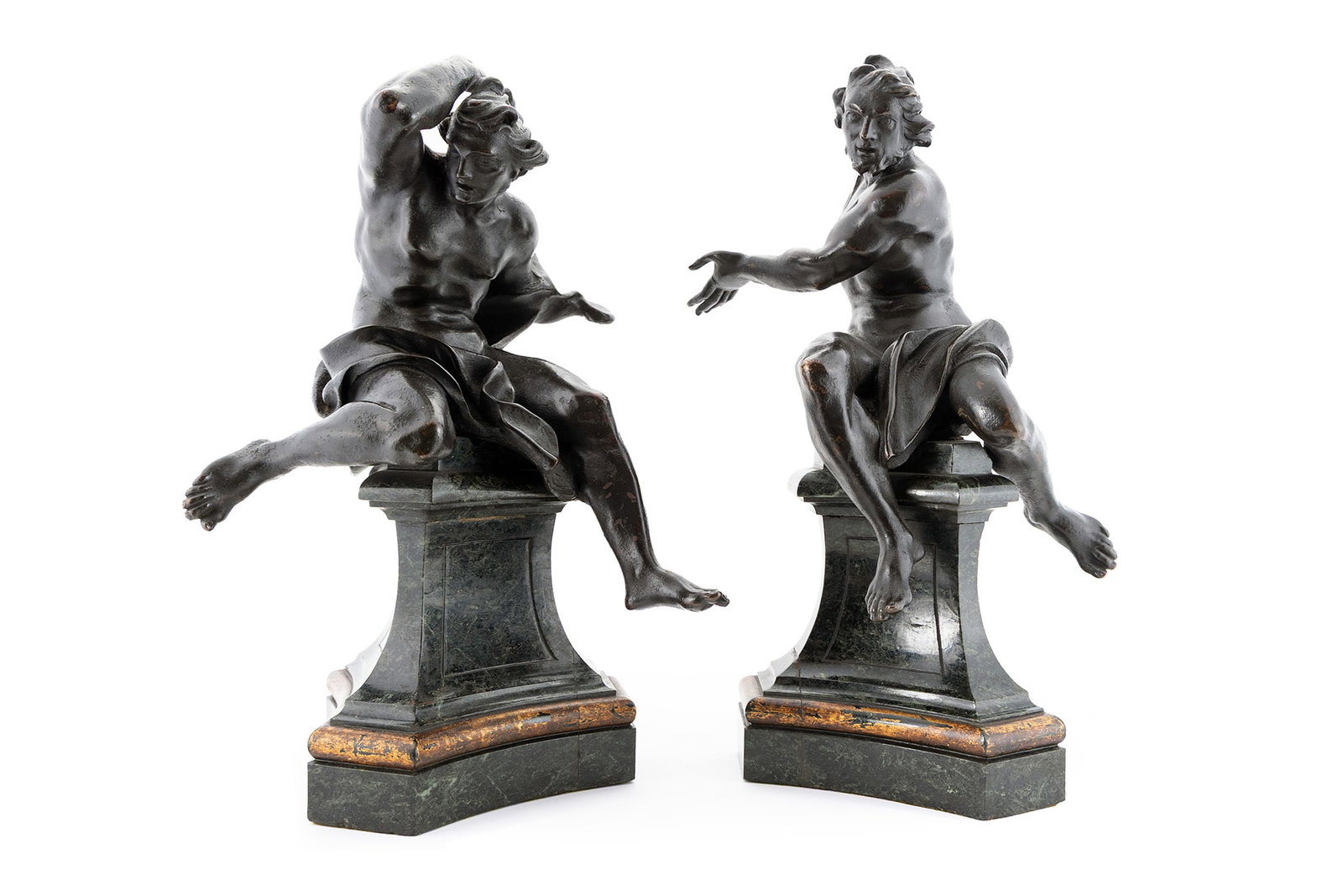 PAIR OF CLASSICAL BRONZE FIGURES: PAIR OF CLASSICAL BRONZE FIGURES Continental, likely Grand Tour. Seated figures with near black finish, on triangular marble bases. Bases bear labels for "The Minneapolis Institute of Arts Fiftieth An
