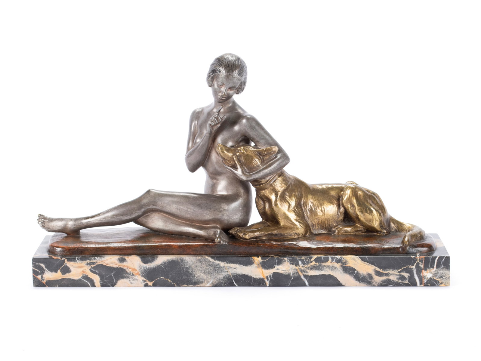 LOUIS RICHE (FRENCH, 1877-1949): Louis Riche French, 1877-1949 Bronze Signed in the cast with a "5" impressed behind the signature. Art Deco sculpture with mixed patinas depicting a woman with a Borzoi dog, mounted on a marble base. 
