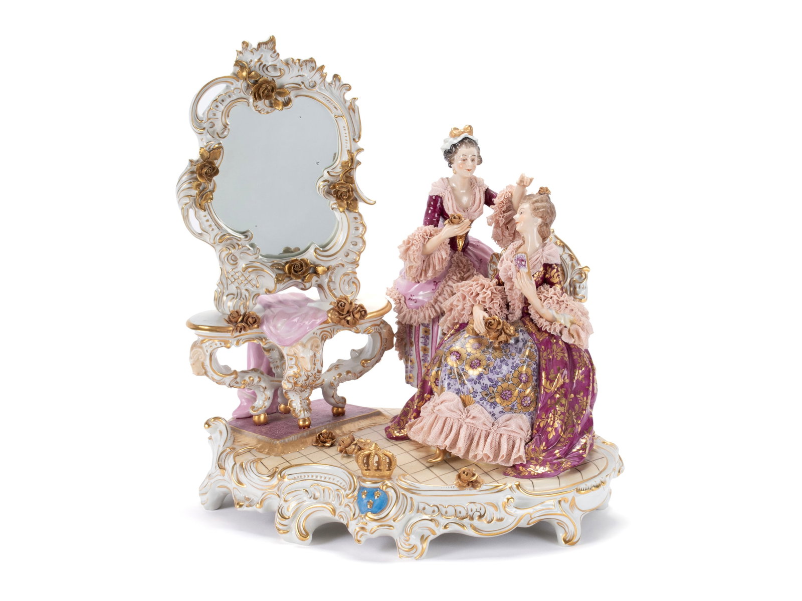 DRESDEN VOLKSTEDT PORCELAIN FIGURE GROUP: DRESDEN VOLKSTEDT PORCELAIN FIGURE GROUP 20th century. Two women in 18th century dress seated before a Rococo mirror and dressing table, marked at back base of chair. 15 x 14 x 10 in. (38.1 x 35.6 x 2