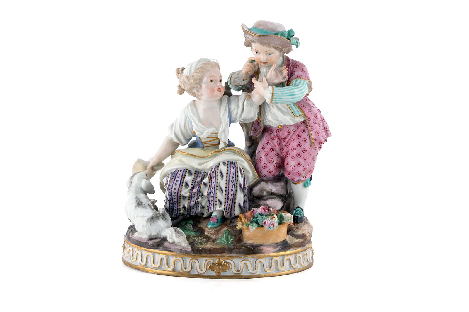 MEISSEN FIGURE GROUP: MEISSEN FIGURE GROUP German, early 20th century. Young boy beside a seated young girl with basket of flowers and a dog at her side. Tall: 6 1/4 in. (15.9 cm.) Provenance: Property from The Sam and Mar
