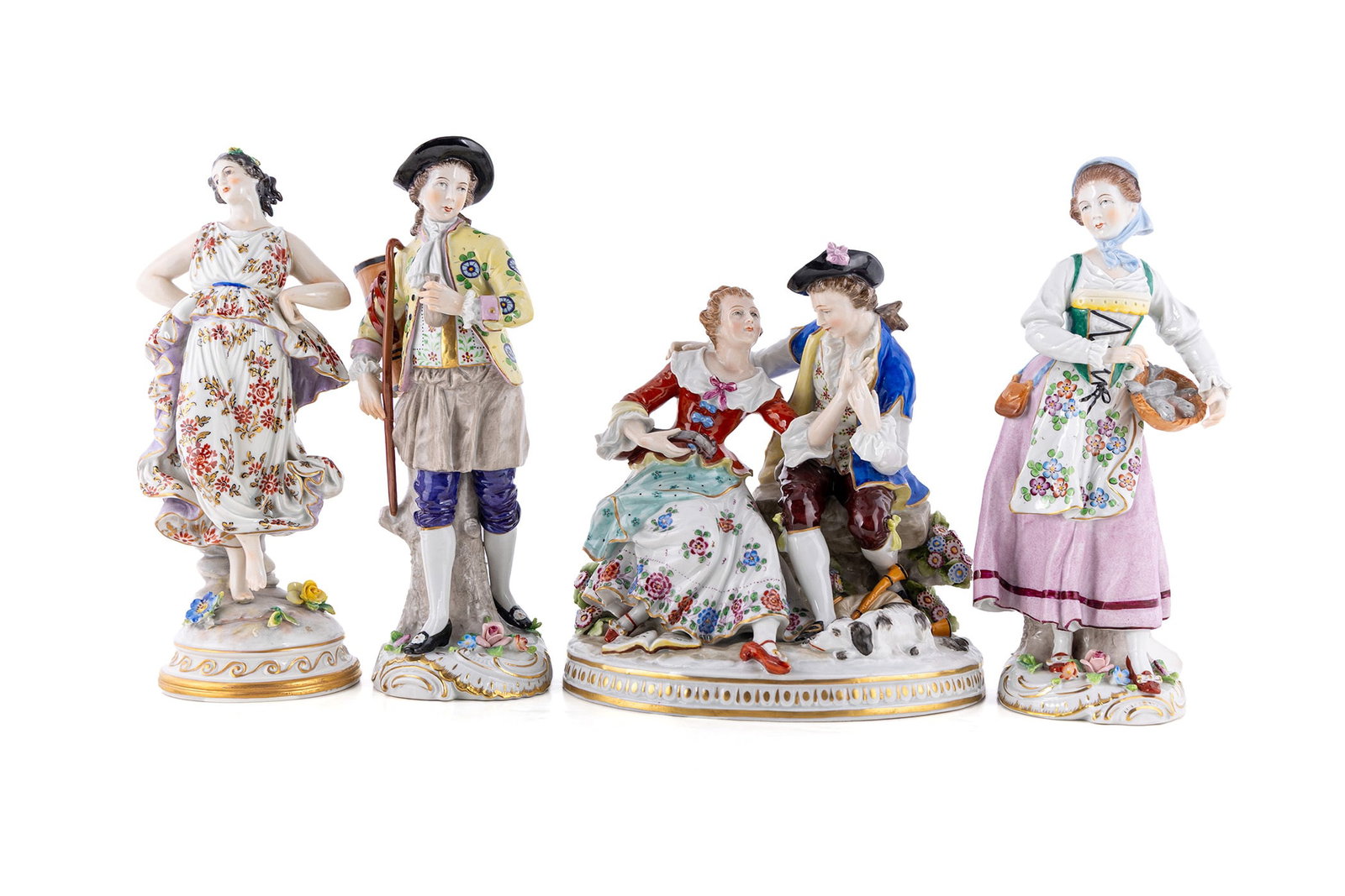 FOUR SITZENDORF PORCELAIN STATUES: FOUR SITZENDORF PORCELAIN STATUES German, early 20th century. Includes a figure group of a seated couple with a dog and musical instruments, a woman standing with a plate of fish, another woman dancin