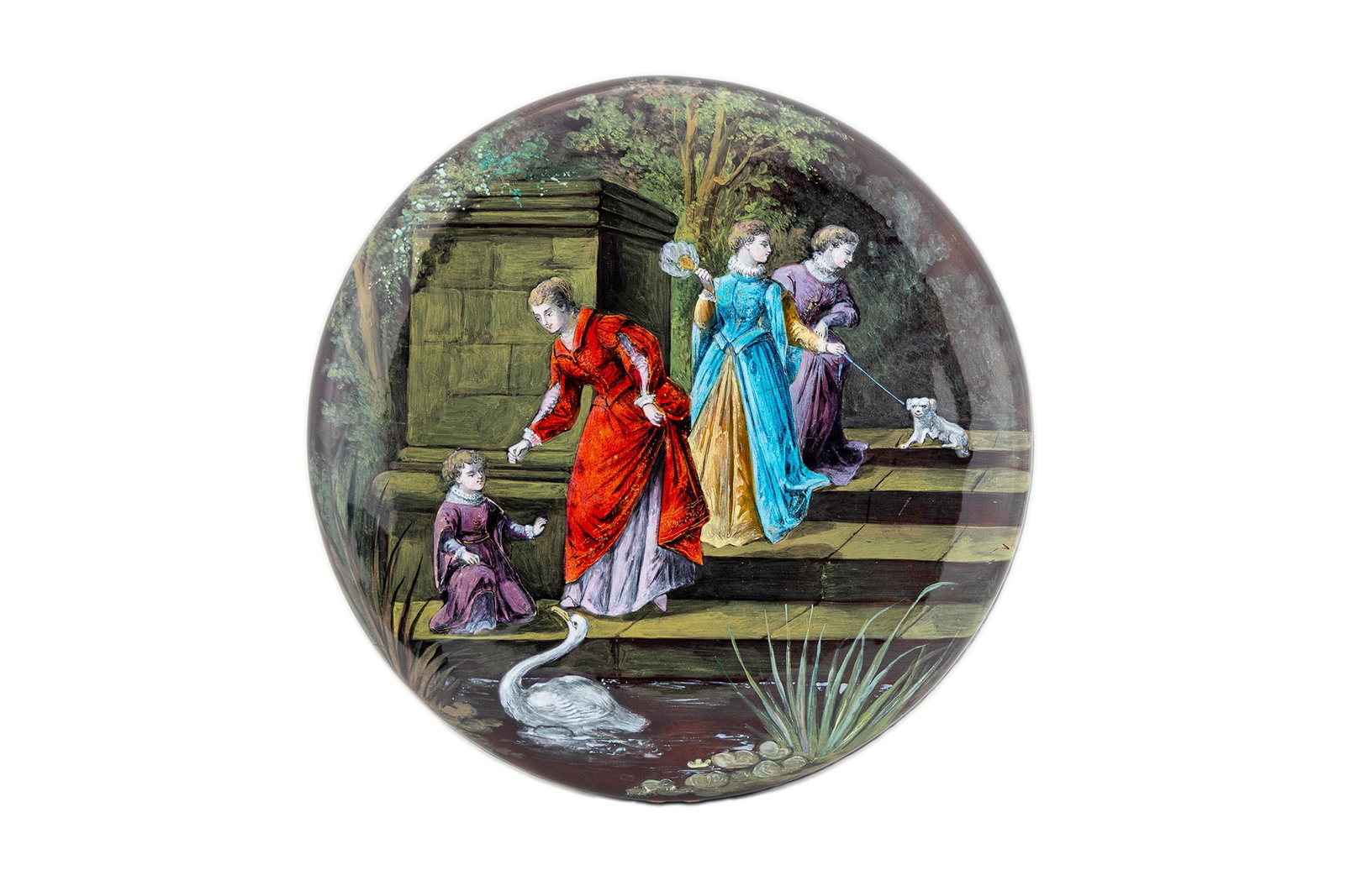 FRENCH LIMOGES ENAMEL CIRCULAR BOX BY LEVY COBLENTZ (FRENCH 1828-1900): FRENCH LIMOGES ENAMEL CIRCULAR BOX BY LEVY COBLENTZ (FRENCH 1828-1900) Late 19th century. Paint decorated with figures in a garden setting with a dog and swan, signed to the hinged lid. 3 x 7 3/4 x 7