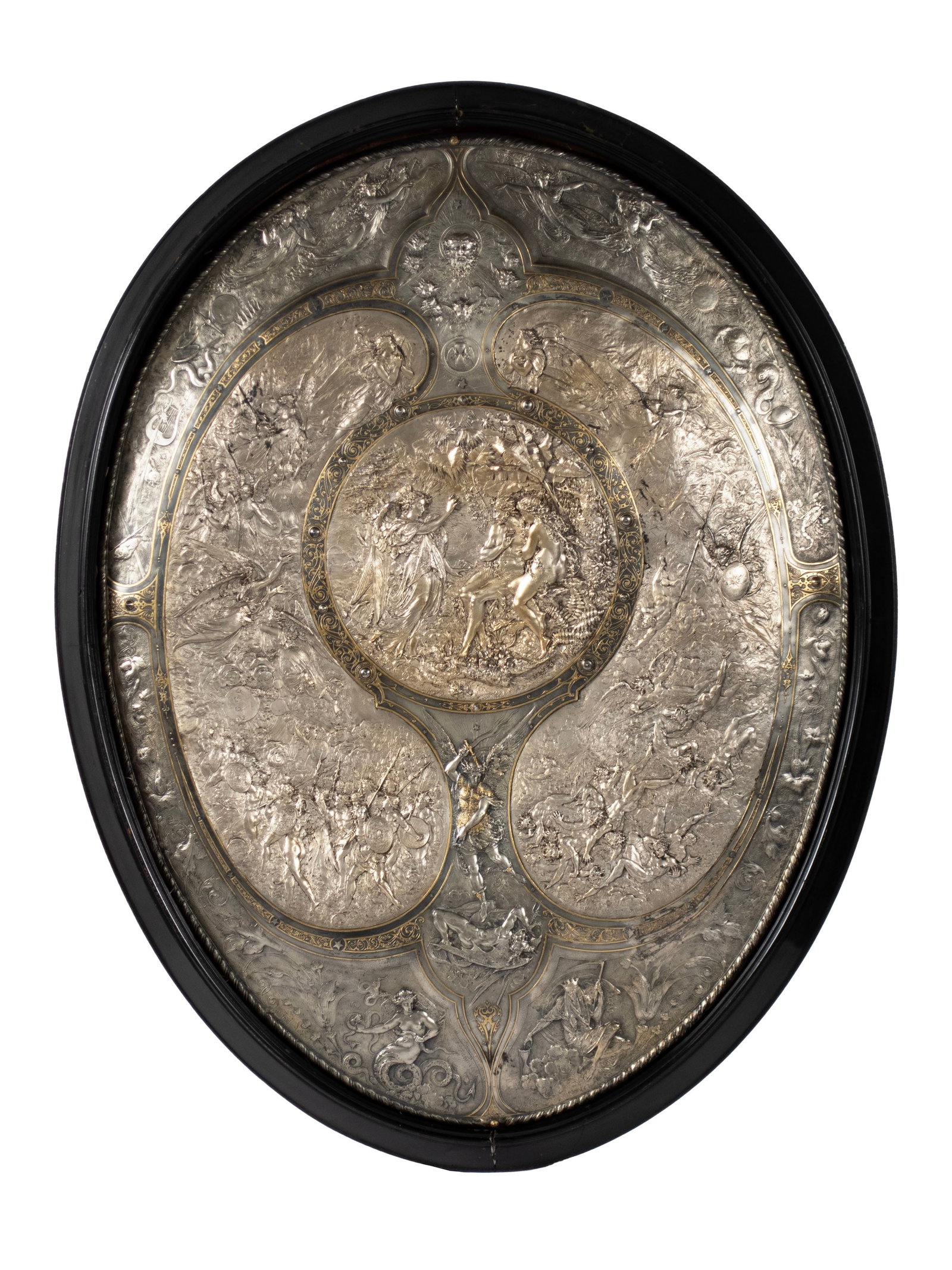 VICTORIAN MILTON SHIELD BY ELKINGTON & CO.: VICTORIAN MILTON SHIELD BY ELKINGTON & CO. English, 19th century, silver plated-parcel-gilt electrotype and damascened decorated shield depicting images from John Milton's 1667 poem "Paradise Lost',
