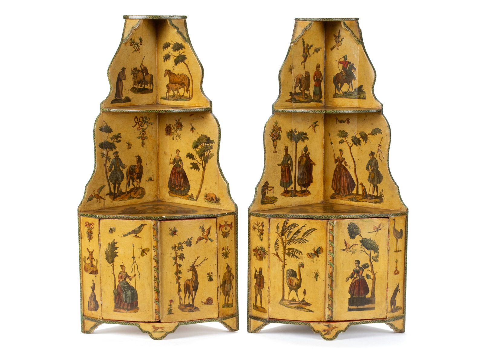 PAIR OF ITALIAN HANGING CORNER CABINETS WITH LACCA POVERA DECORATION: PAIR OF ITALIAN HANGING CORNER CABINETS WITH LACCA POVERA DECORATION Continental, 18th/19th century. Corner form with an open shelf near the top, and a pair of convex cupboard doors below to each, wit