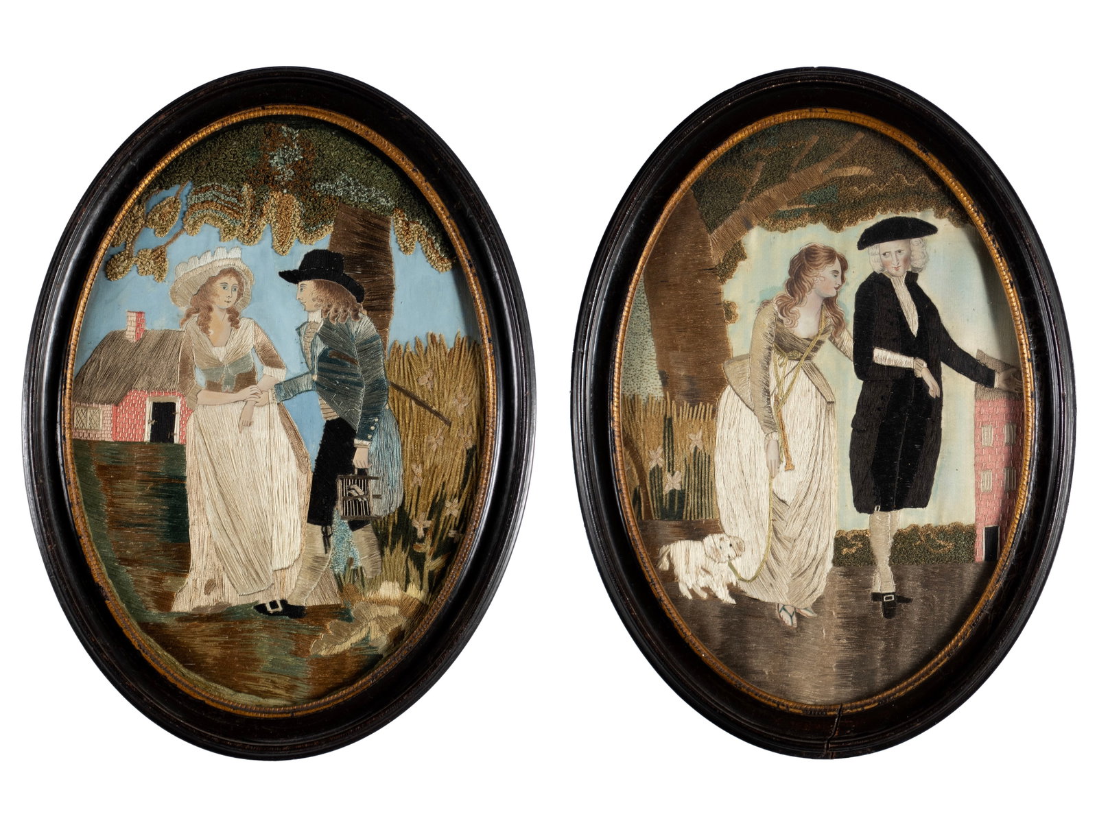 TWO OVAL SILK NEEDLEWORKS: TWO OVAL SILK NEEDLEWORKS English, 19th century. Both showing amorous couples in landscape settings, oval framed. Each: 16 x 11 1/2 in. (40.6 x 29.2 cm.) Provenance: Property from The Sam and Marilyn