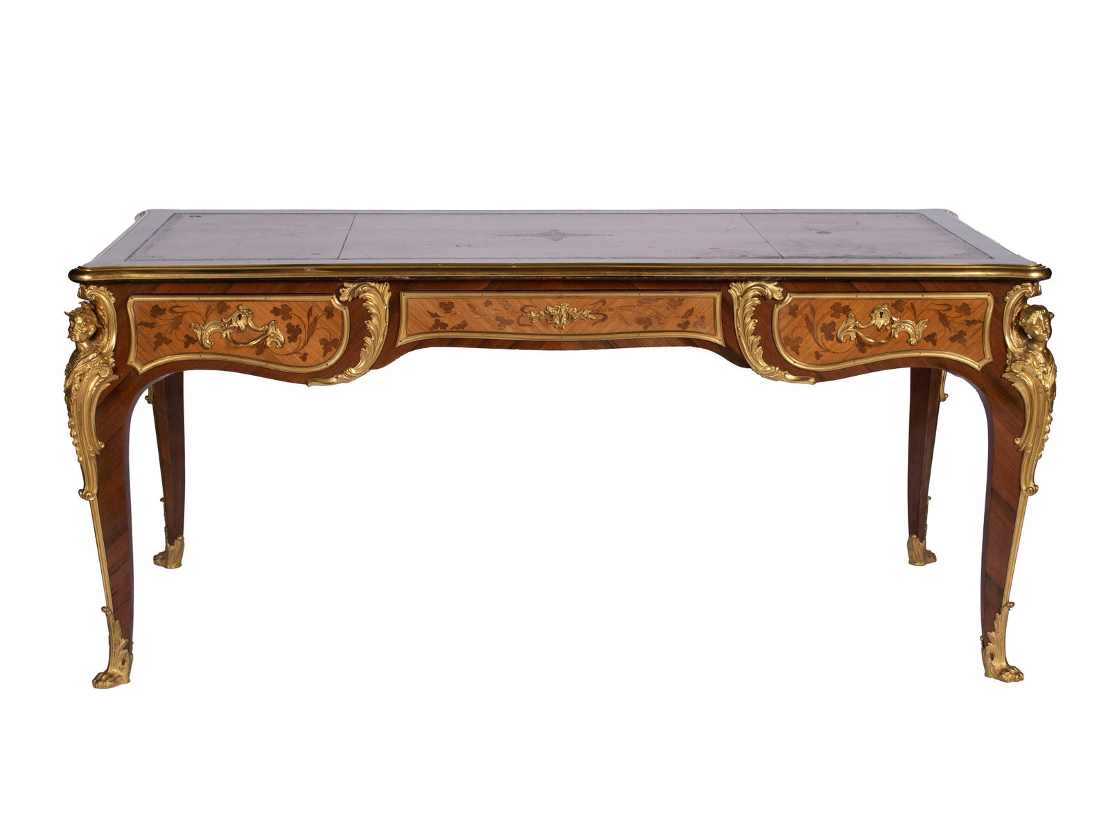 CHARLES BERNEL (FRENCH, 1889-1956) LOUIS XV STYLE BUREAU PLAT: CHARLES BERNEL (FRENCH, 1889-1956) LOUIS XV STYLE BUREAU PLAT French, early 20th century, signed on the central drawer locking mechanism and impressed to the wood in multiple places. Leather inset top