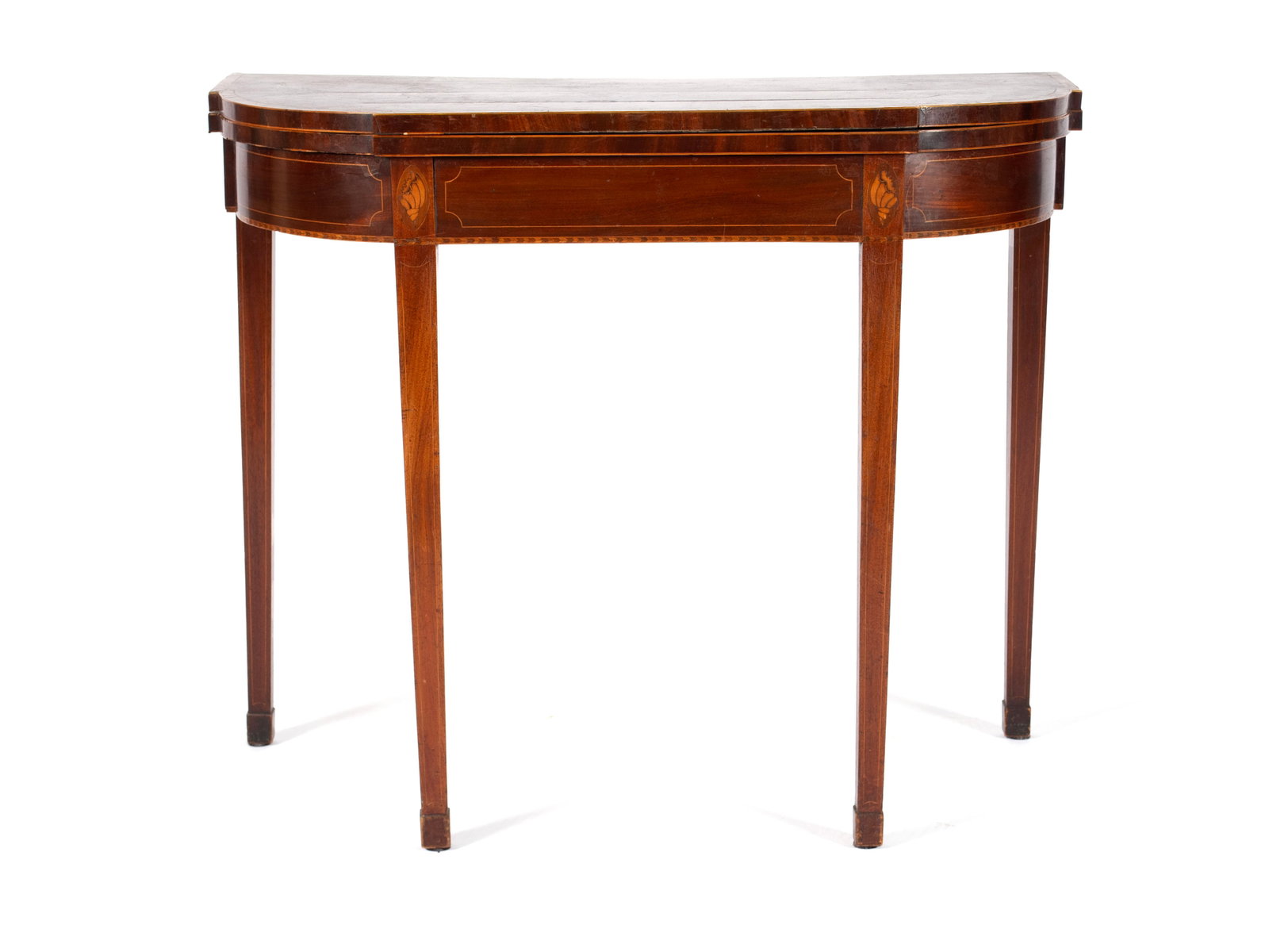 GEORGE III GATELEG GAME TABLE: GEORGE III GATELEG GAME TABLE English, late 18th century, mahogany. Shaped crossbanded top opening to a felt lined surface, with shell and line inlaid frieze, on square tapering legs. Open: 39 x 36 x 
