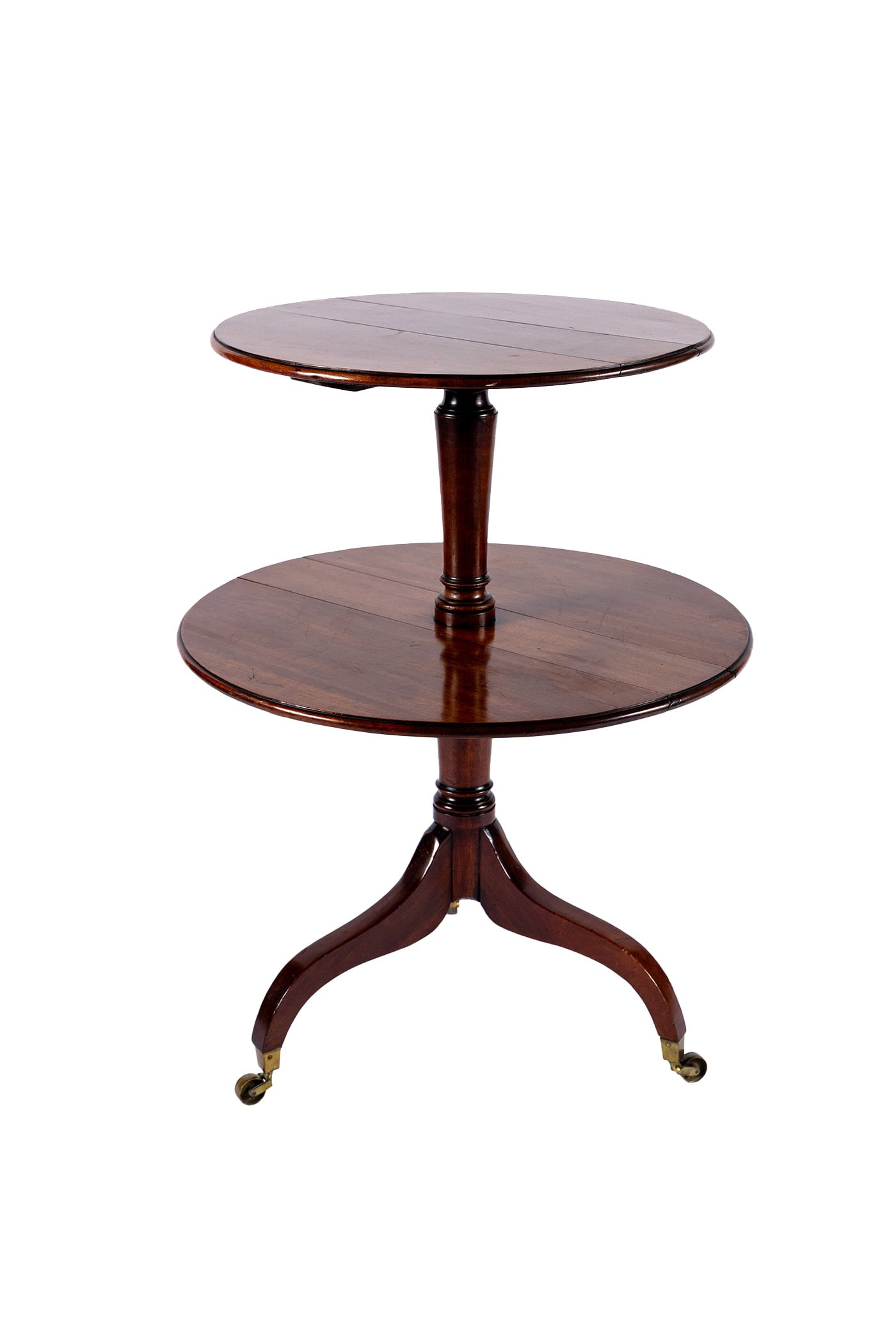 REGENCY DROP LEAF DUMBWAITER: REGENCY DROP LEAF DUMBWAITER English, 19th century. Two graduated circular surfaces with equal drop leaves, on a pedestal supports and tripod spider legs. 32 x 24 1/2 in. (81.3 x 62.2 cm.)