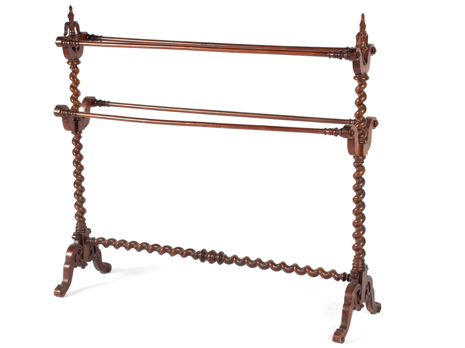 OF TAYMOUTH CASTLE INTEREST: WYLIE & LOCHEAD QUILT RACK: OF TAYMOUTH CASTLE INTEREST: WYLIE & LOCHEAD QUILT RACK English (Scottish), 19th century, walnut. Barley twist side columns with fleur-de-lis finials, partial impression for Wylie & Lochead, with