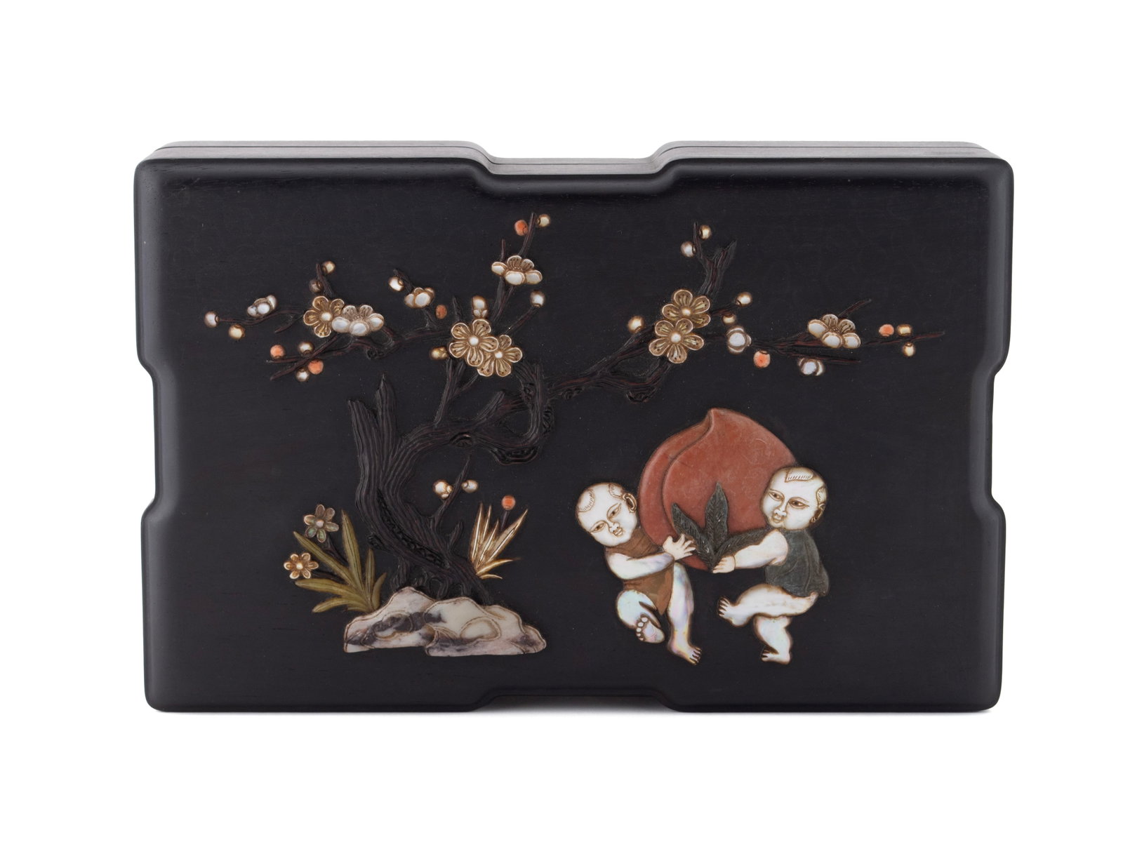 CHINESE HARDSTONE INSET ROSEWOOD BOX: CHINESE HARDSTONE INSET ROSEWOOD BOX Chinese, 20th century. Shaped rosewood box inset with raised hardstone and mother of pearl decoration depicting two boys holding peach under branch of plum tree.