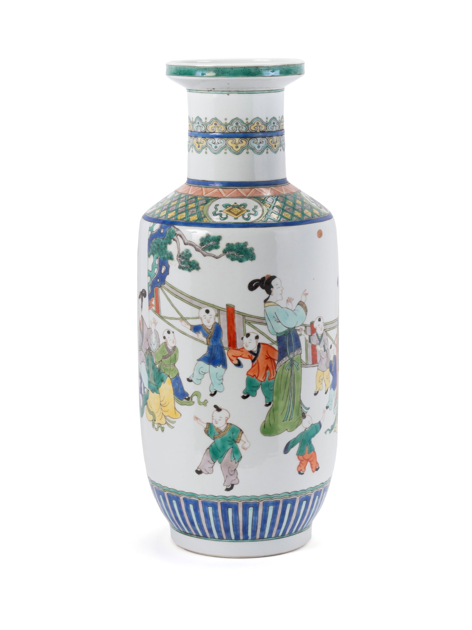 CHINESE PORCELAIN WUCAI ROULEAU VASE: CHINESE PORCELAIN WUCAI ROULEAU VASE 19th Century. Porcelain vase showing children and women within fenced in courtyard, six-character red Kangxi mark "Da Qing Kangxi Nian Zhi" underfoot. 20 x 8 in. (