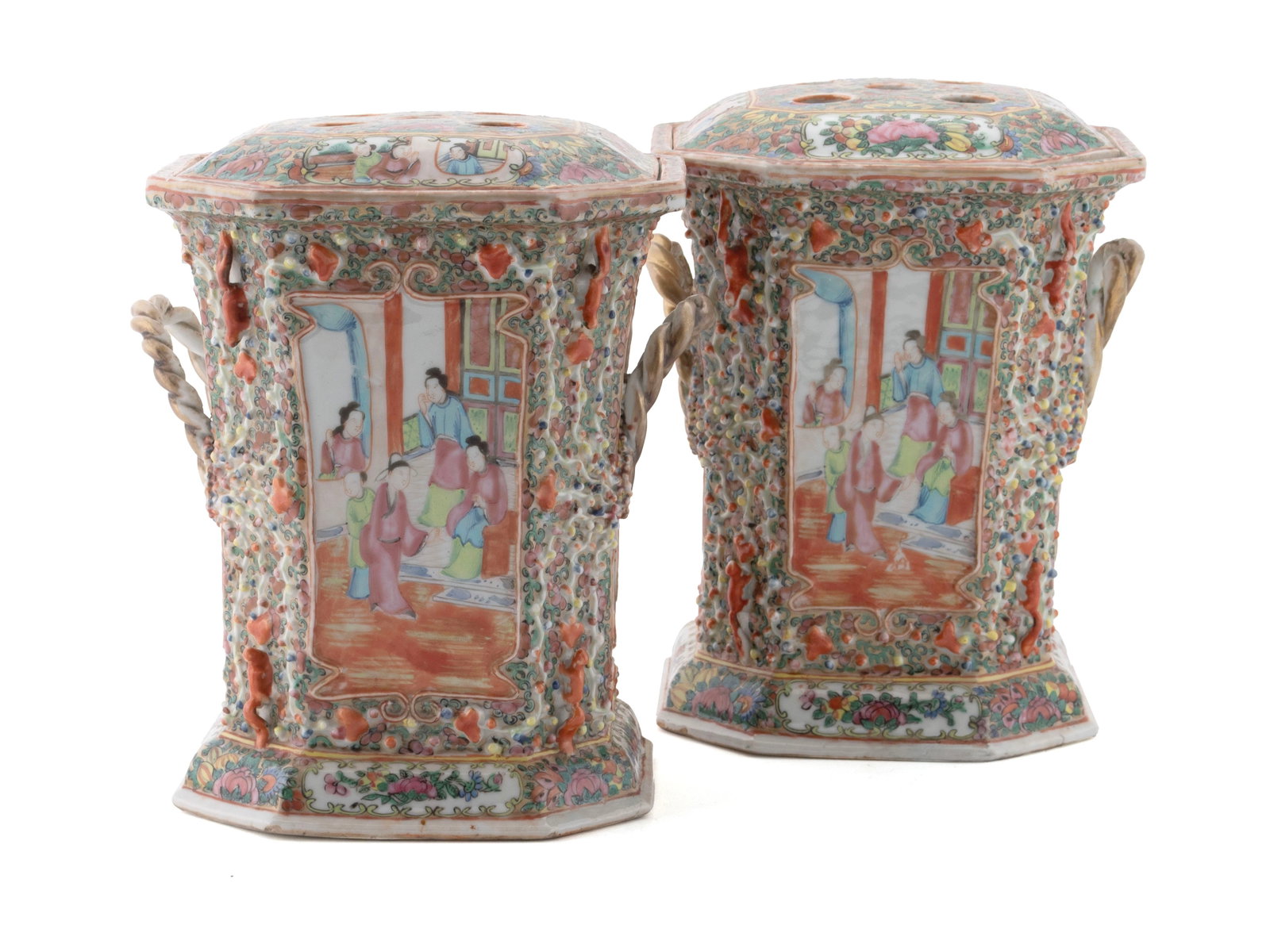 PAIR OF CANTON EXPORT FAMILLE ROSE LIDDED BOUGH POTS: PAIR OF CANTON EXPORT FAMILLE ROSE LIDDED BOUGH POTS Chinese, 19th century, porcelain. Colorfully decorated bodies in relief with genre scenes showing on two sides, twisted gilt handles to the other, 