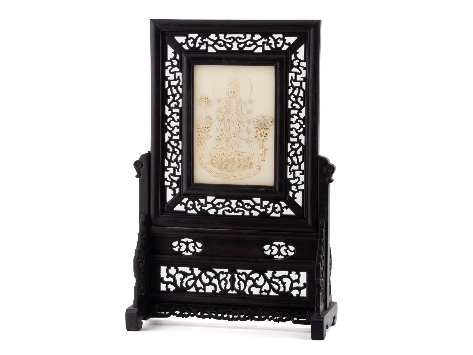 CHINESE HARDWOOD AND JADE TABLE SCREEN: CHINESE HARDWOOD AND JADE TABLE SCREEN Late Qing-Republic. Relief carved jade plaque of Guanyin upon Lotus throne, the verso showing Tang poem "Winter Plum Blossom" by Wang Wei, on hardwood stand. 16