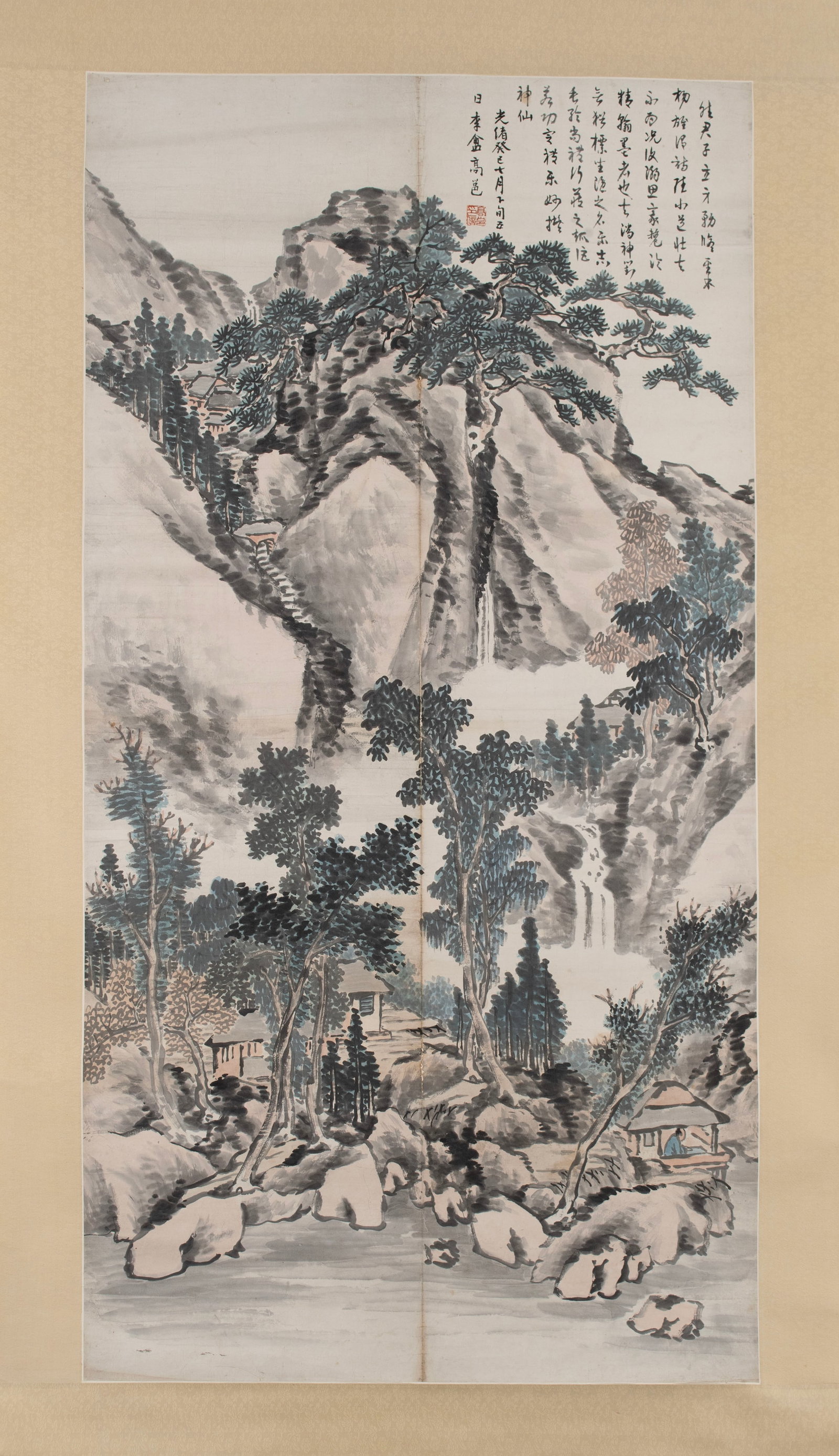 GAO YONG (CHINA, 1850-1921): Gao Yong China, 1850-1921 Mountain Landscape Ink on paper hanging scroll China,1883, mountain landscape with waterfall over Pine Forest with figures and structures, signed Gao Yong 94 x 42 in. (238.8