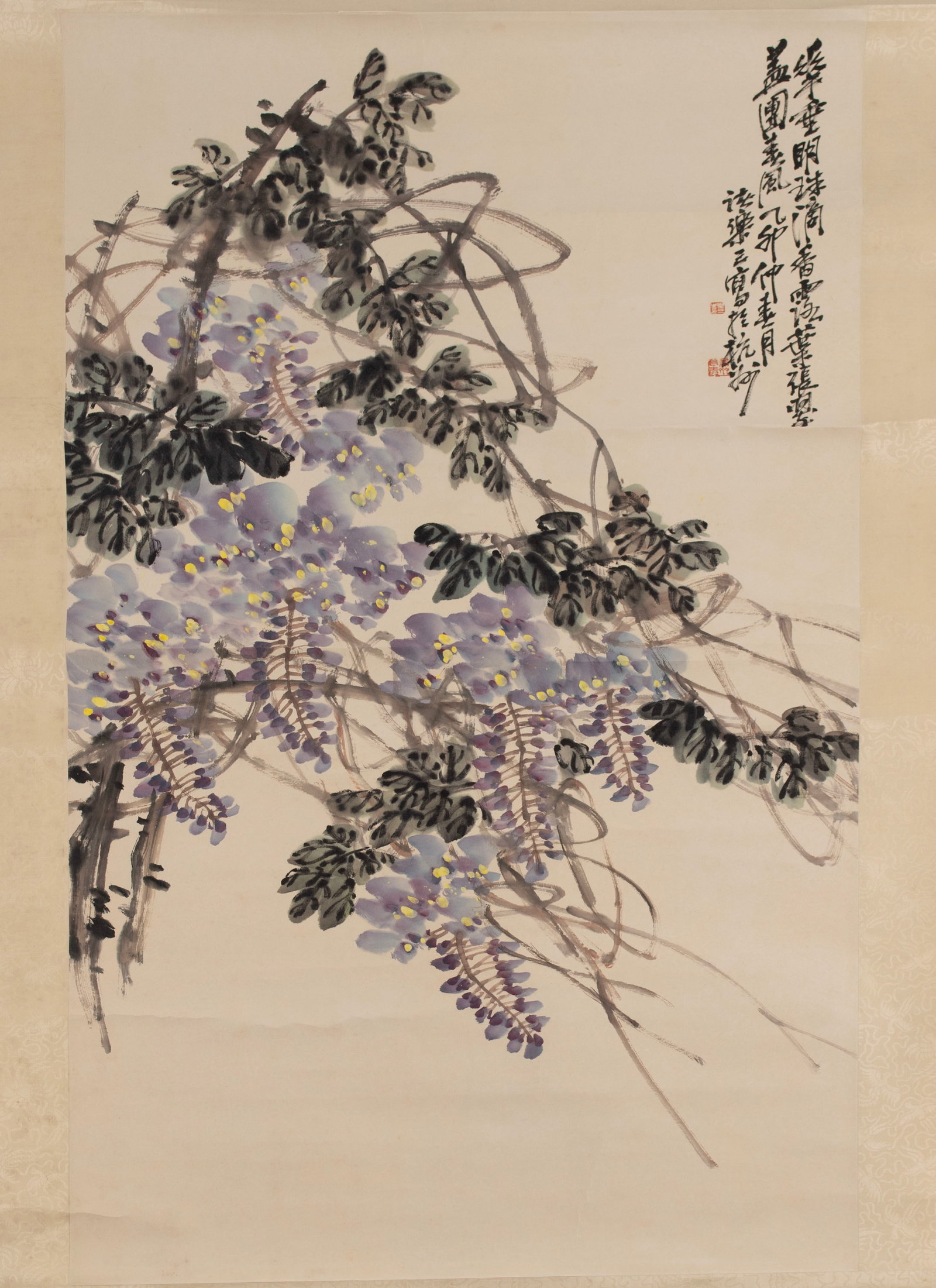 LESAN ZHU (ATTRIBUTED) (CHINA, 1902-1984): Lesan Zhu (Attributed) China, 1902-1984 Untitled Floral Ink on paper scroll Scroll painting of hanging wisteria blossoms with foliage with calligraphy, two seals. 84 x 35 in. (213.4 x 88.9 cm.)