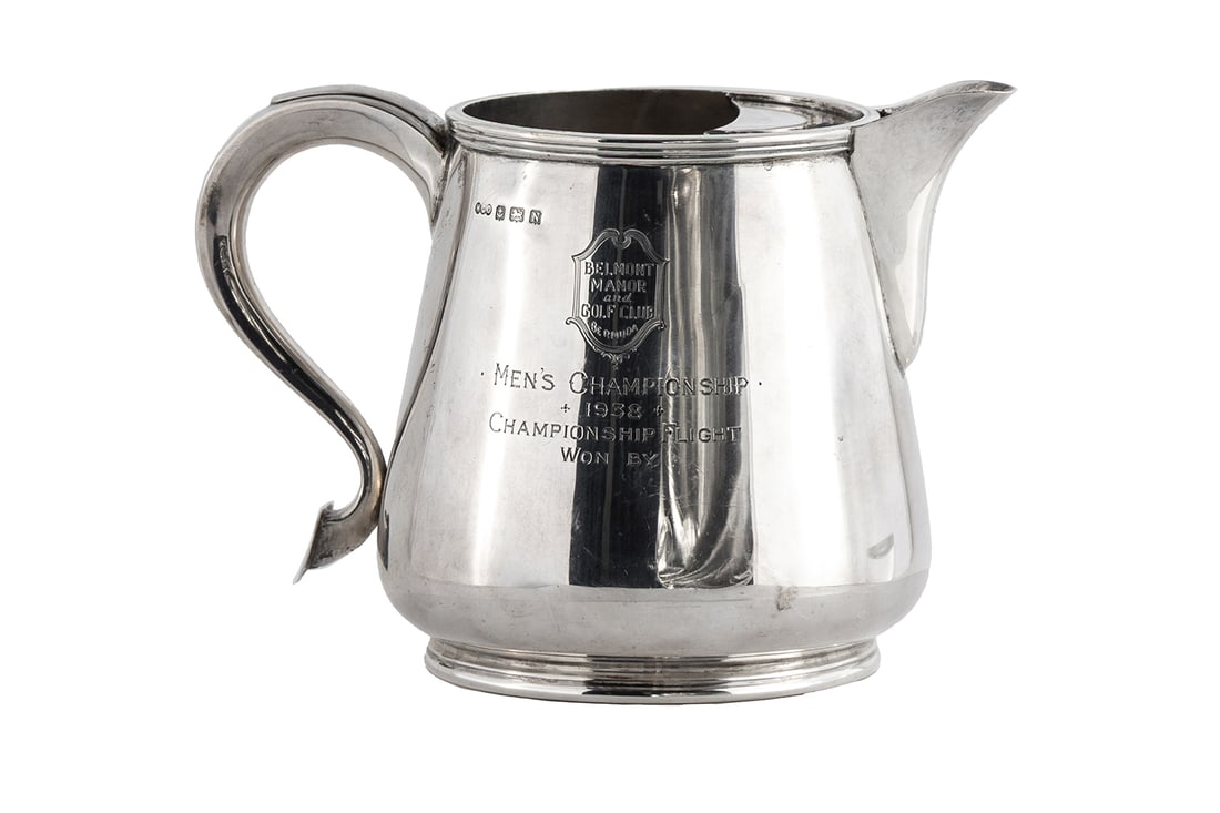 STERLING SILVER 1938 BELMONT MANOR GOLF CLUB TROPHY PITCHER: STERLING SILVER 1938 BELMONT MANOR GOLF CLUB TROPHY PITCHER Birmingham, England. 1937 Henry Clifford Davis, the pitcher engraved "Belmont Manor and Golf Club Bermuda" in cartouche above "Men's