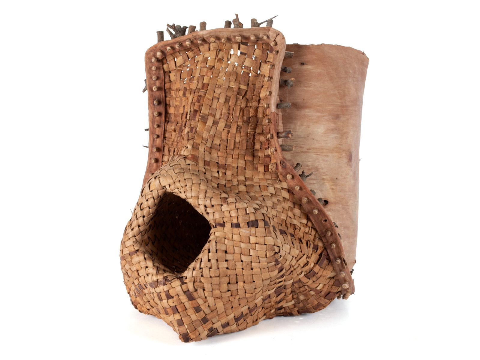 HANDCRAFTED BARK BASKET WITH WOVEN HIGHLIGHTS: HANDCRAFTED BARK BASKET WITH WOVEN HIGHLIGHTS Woodland-style basketry utilizing foraged materials, including tree bark, woven plant fiber, and small wooden twig pins, with horizontal exterior open