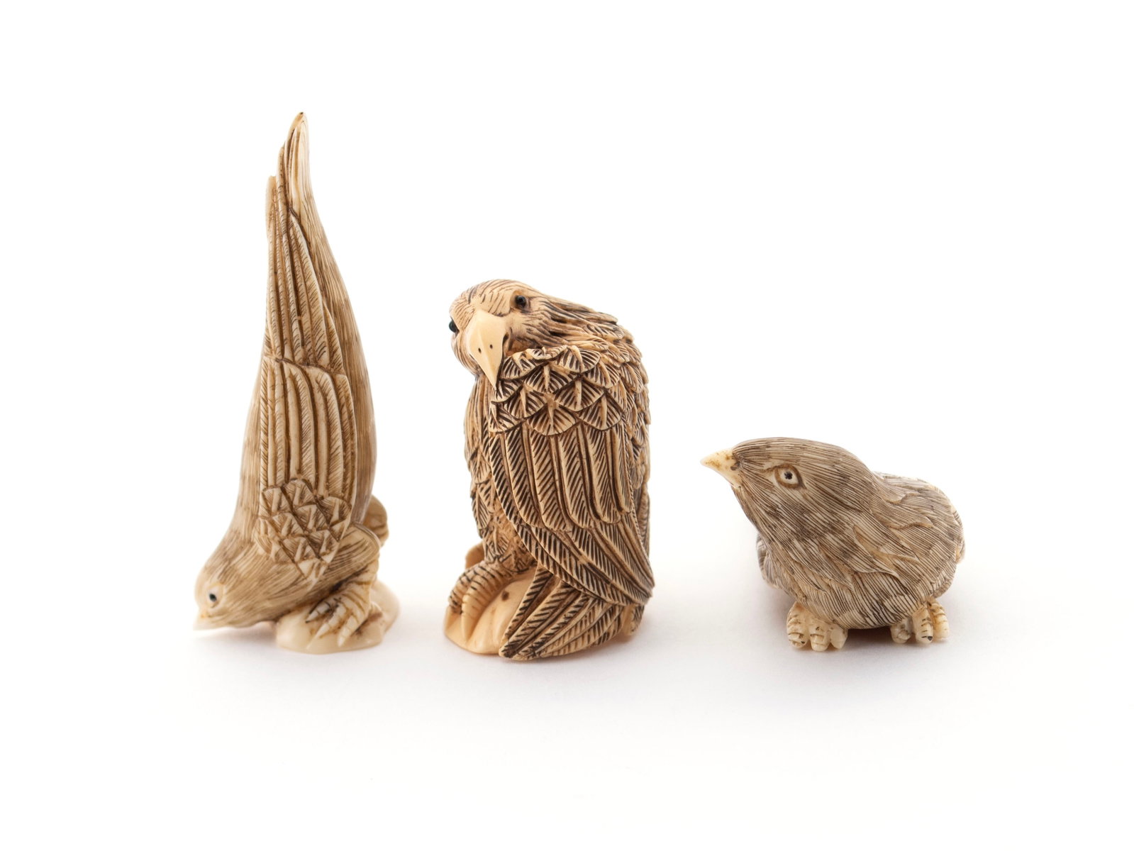 THREE JAPANESE FIGURAL BIRD NETSUKE - 2