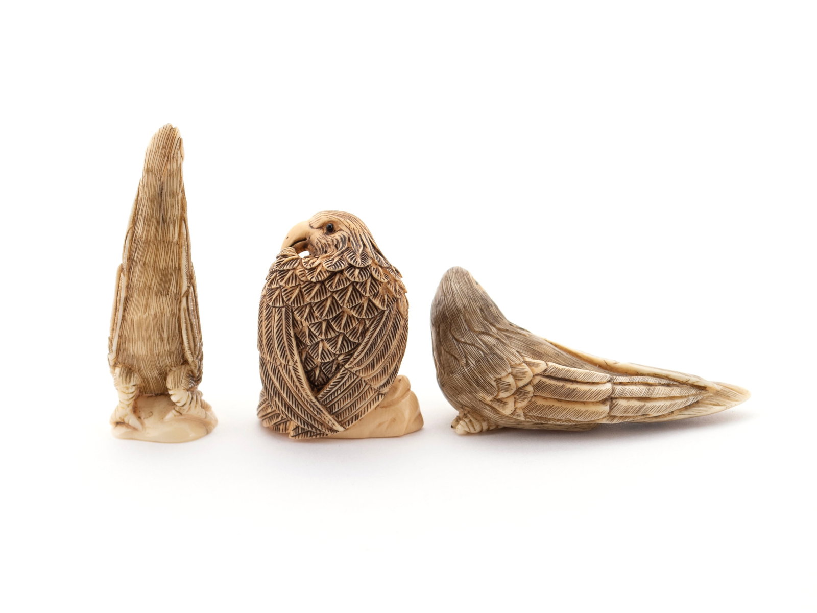 THREE JAPANESE FIGURAL BIRD NETSUKE - 3