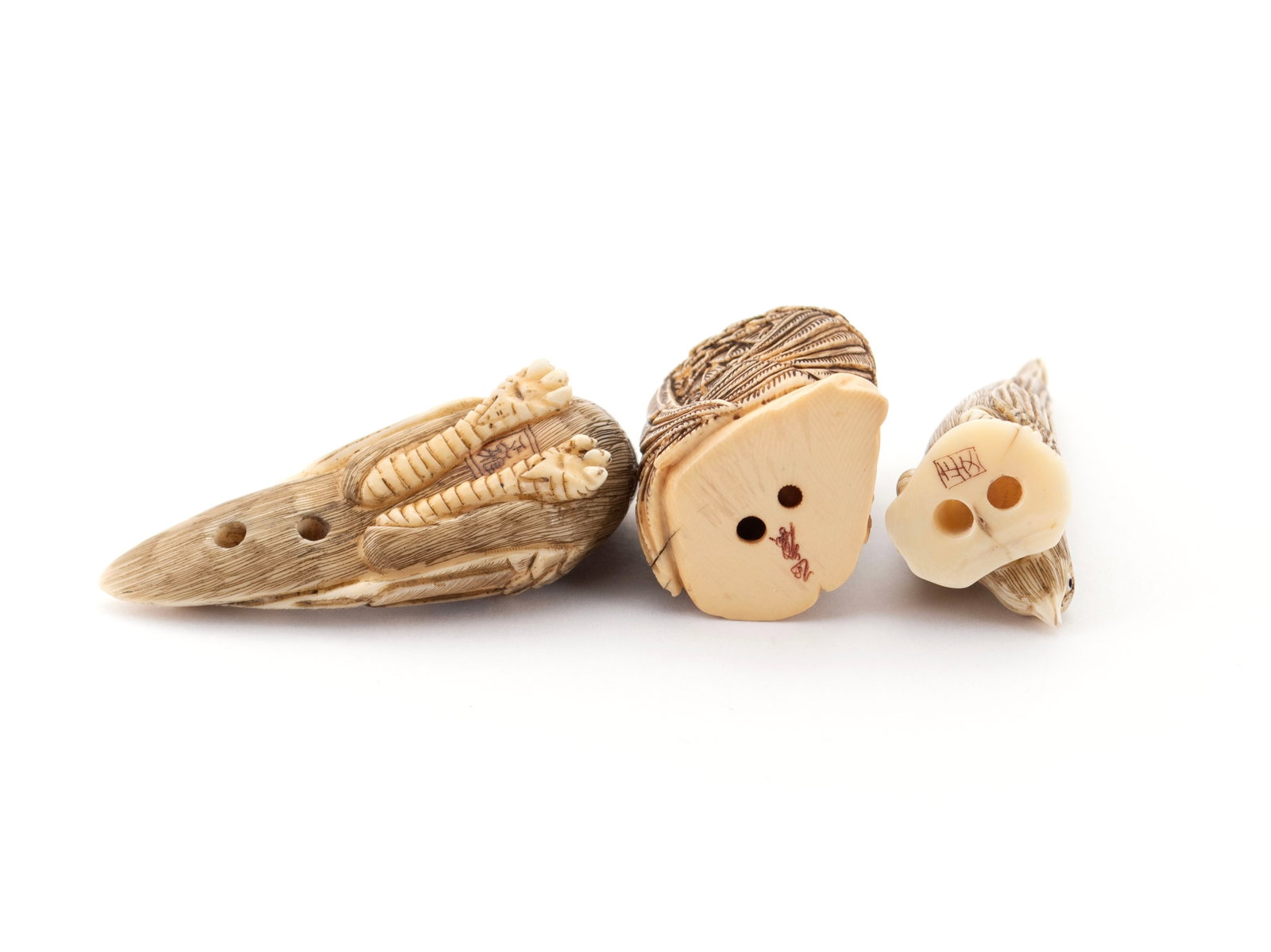 THREE JAPANESE FIGURAL BIRD NETSUKE - 4
