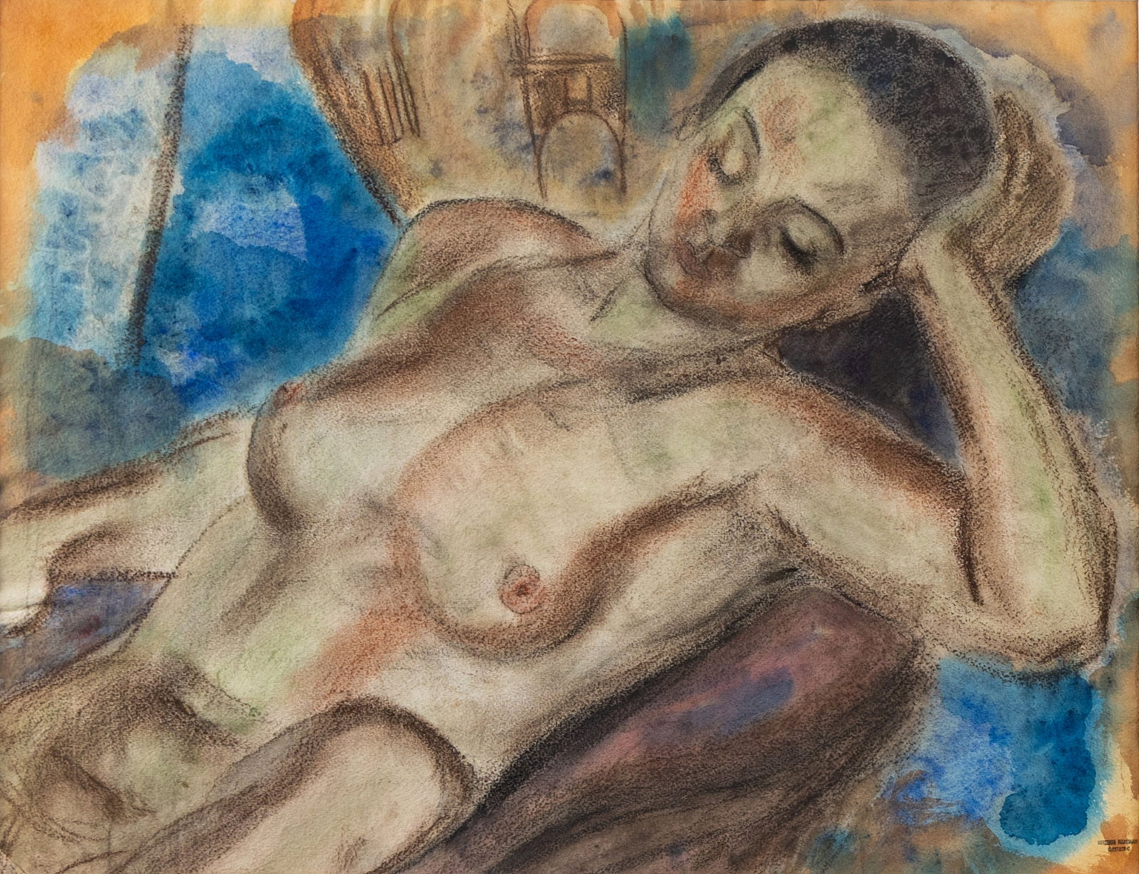 BERTRAM HARTMAN (AMERICAN, 1882-1960): Bertram Hartman American, 1882-1960 Nude Resting on Elbow Watercolor, charcoal, and pastel Unsigned, bears the "Bertram Hartman Estate" ink stamp lower right with Alon Gallery sticker verso bearing a