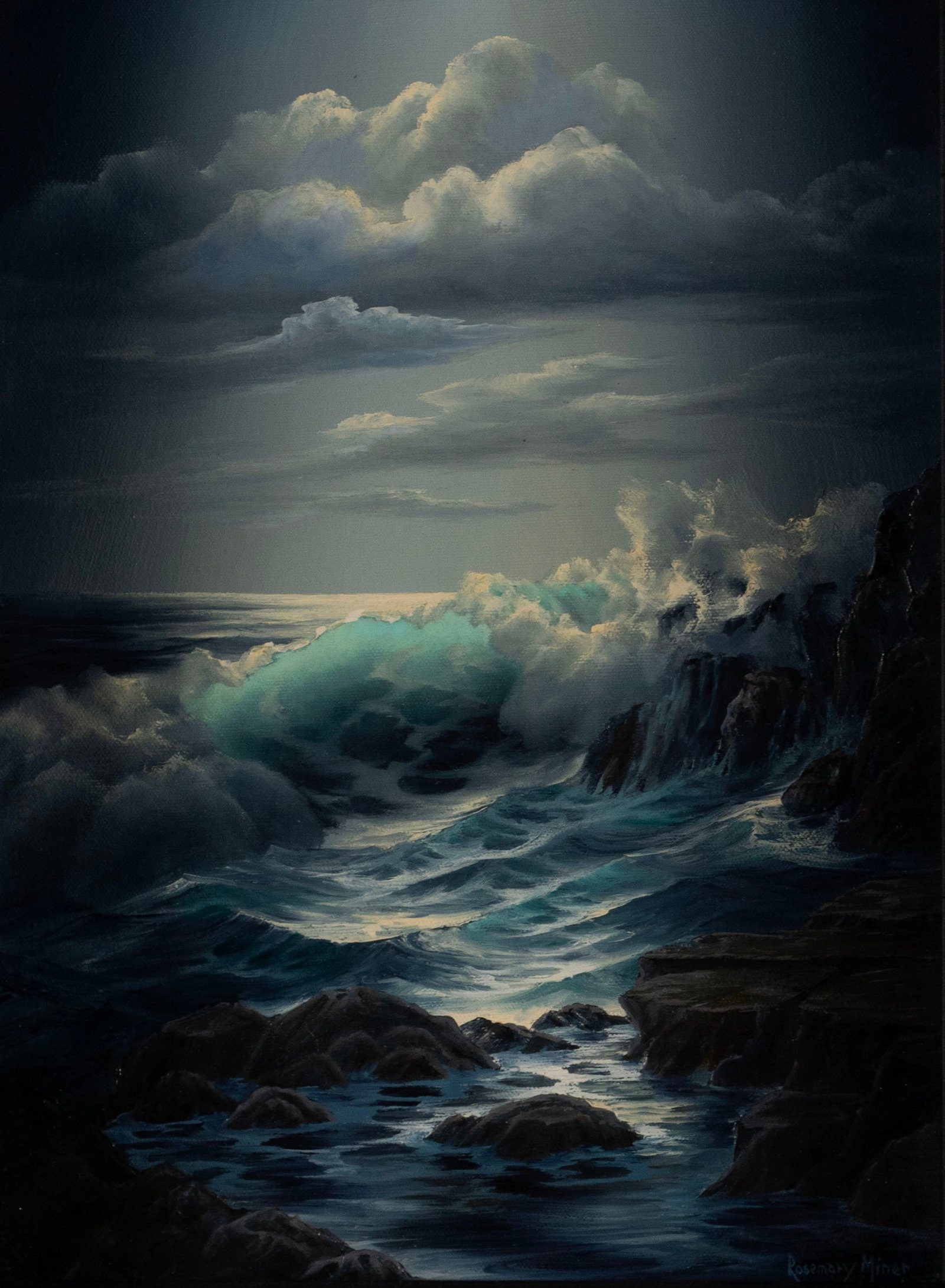 ROSEMARY MINER (AMERICAN, 20TH C.): Rosemary Miner American, 20th c. Oil on canvas Signed lower right. Nighttime coastal scene with waves crashing under the moonlight, framed. Stretcher: 13 1/2 x 9 1/2 in. (34.3 x 24.1 cm.), Frame: 20